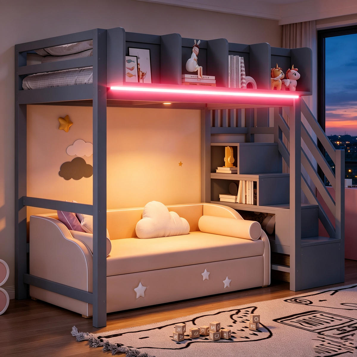 HOCHBETT 90/200 cm in Grau mit Sicherheitsgitter, Ablage, LED und Leiter aus Holz - Grau, Holzwerkstoff (90/200cm) - STILVORA