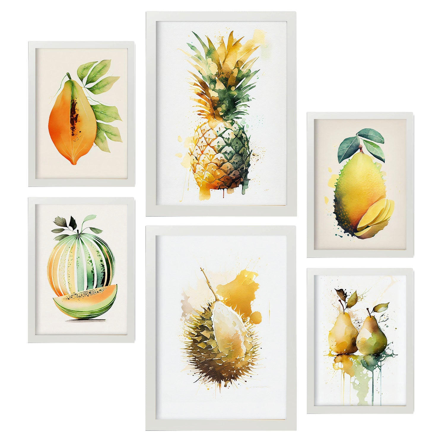 POSTER Set Mit 6 Tropische Früchte Plakate Von Obst Gemüse & Gesunden Lebensmitteln Im Aquarell Kunst Auf Reinweißen A3 & A4 Weißer Rahmen - Weiß, Papier (29/3cm) - Nacnic