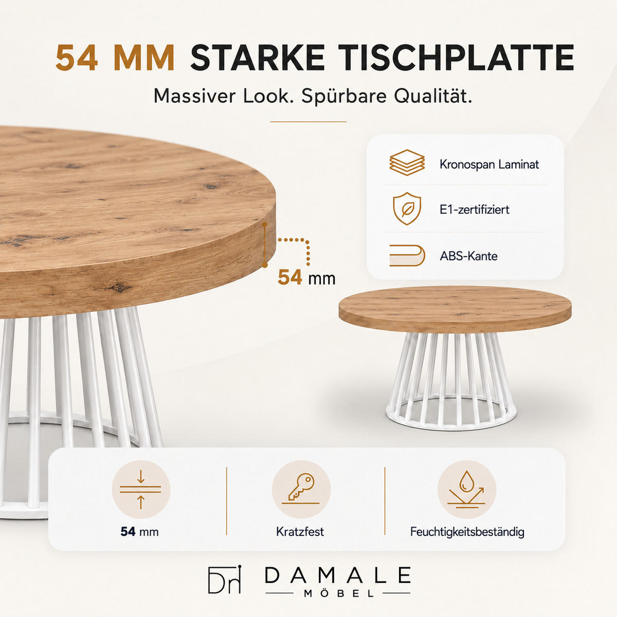 ESSTISCH rund ausziehbar 90/190/76 cm, Eiche Craft, 54 cm Tischplatte + Lamellen-Metallgestell Weiß - Eichefarben/Weiß, Holzwerkstoff/Metall (90/190/76cm) - Damale Möbel