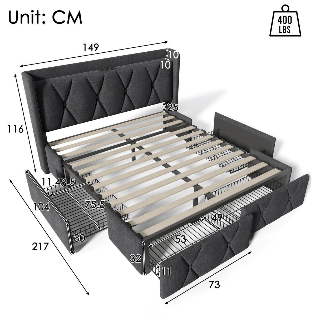 POLSTERBETT 140/200 cm mit USB, Steckdosen und 4 Schubladen inkl. Matratze und Lattenrost, Grau - Grau, Textil (140/200cm) - Redom