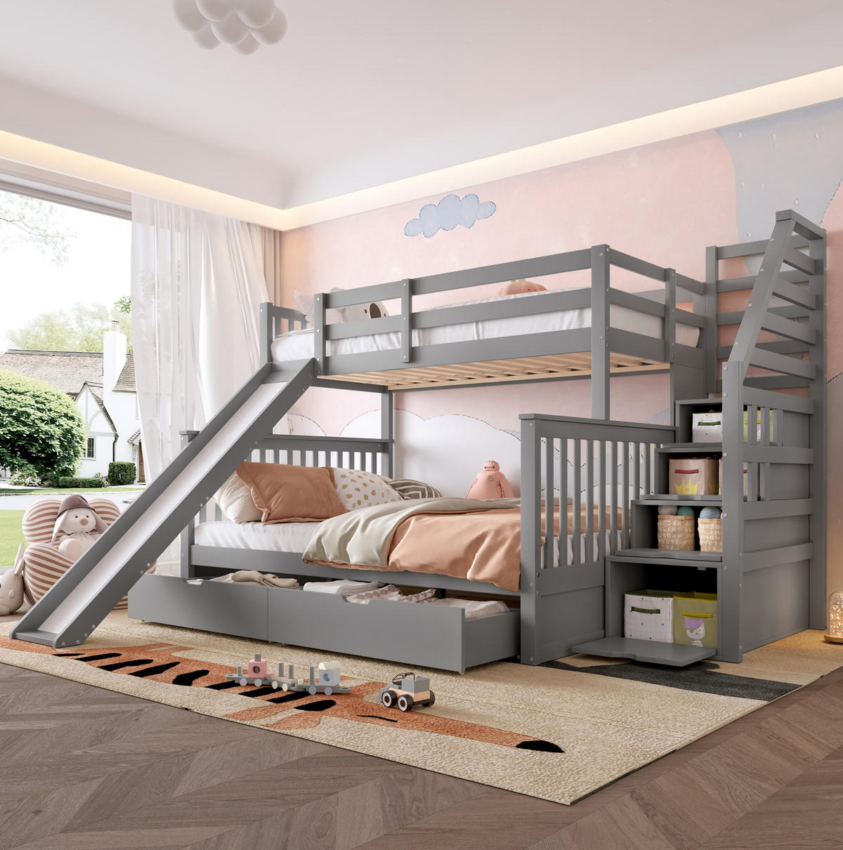 ETAGENBETT aus Kiefernholz und MDF 90x200/140x200 cm Grau mit Rutsche und Schubladen - Grau, Holz (90/200cm) - IVMEU