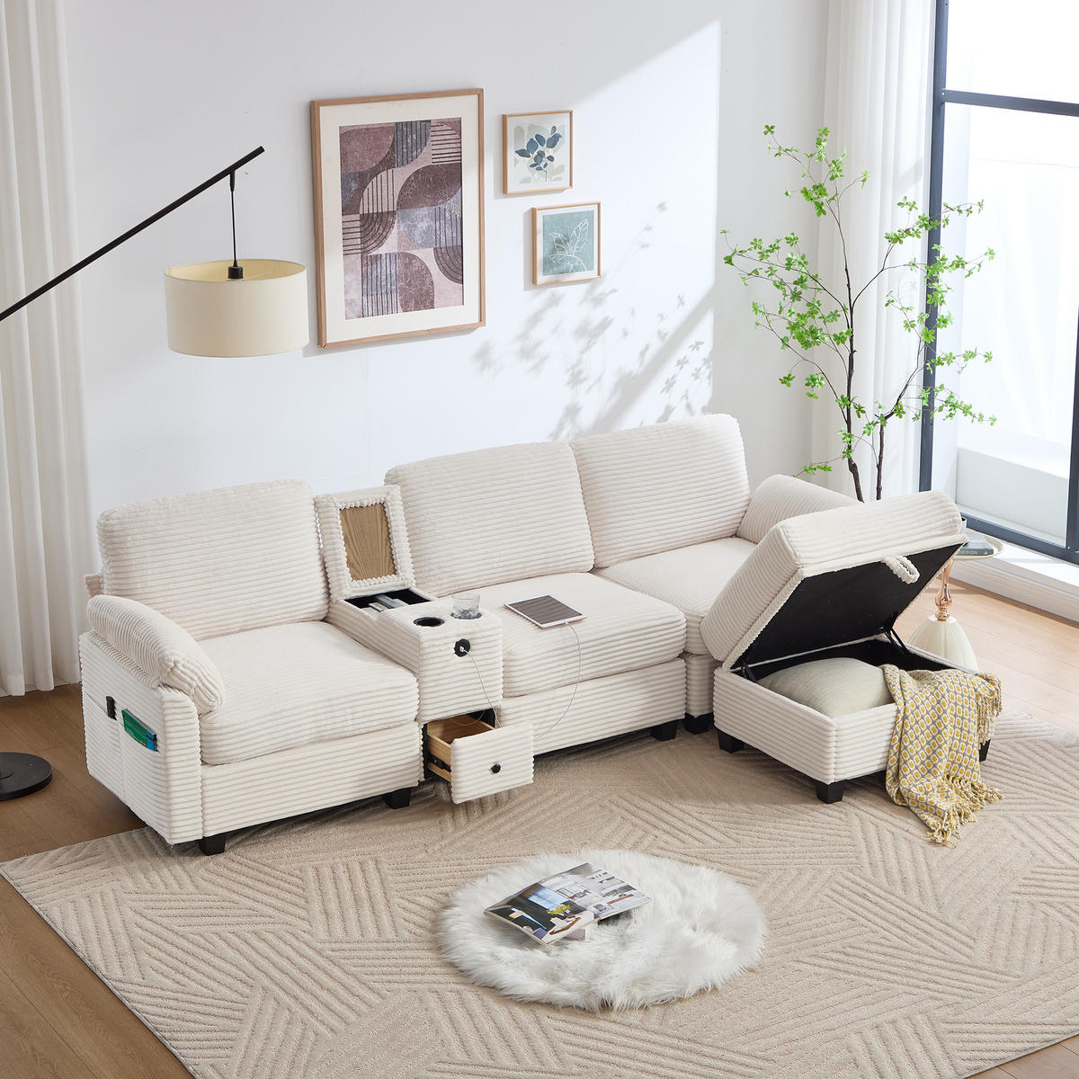 ECKSOFA Cord Beige mit USB-C, Stauraum und Hocker - Beige, Holzwerkstoff/Textil (266/136cm) - WISHDOR