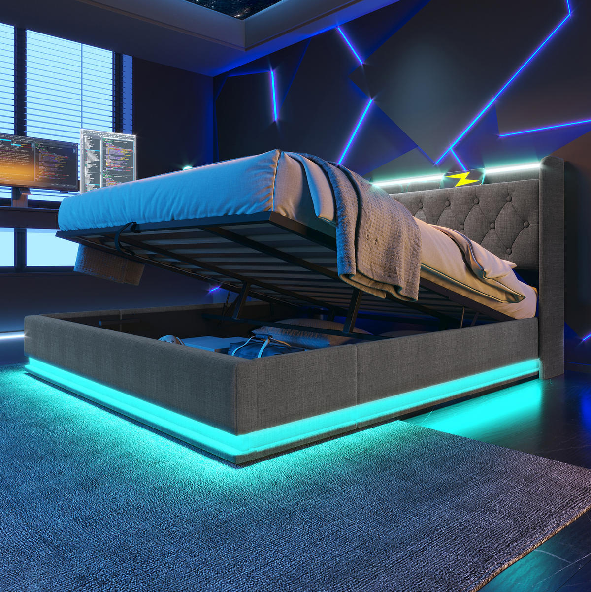 ČALÚNENÁ posteľ 180/200 cm z ľanu sivá s LED osvetlením, USB-C a úložným priestorom - sivá, textil (180/200cm) - BEAOK
