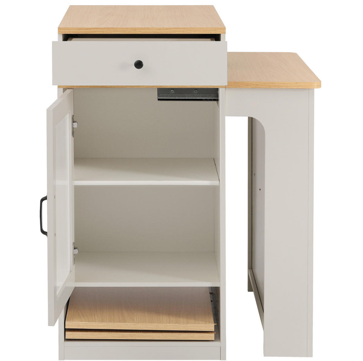 KÜCHENINSEL 80/71-111-151/92 cm aus MDF und Glas mit ausziehbarem Tisch, Steckdosenleiste und Stauraum, Weiß/Natur - Weiß, Holzwerkstoff (151/92/80cm) - Redom