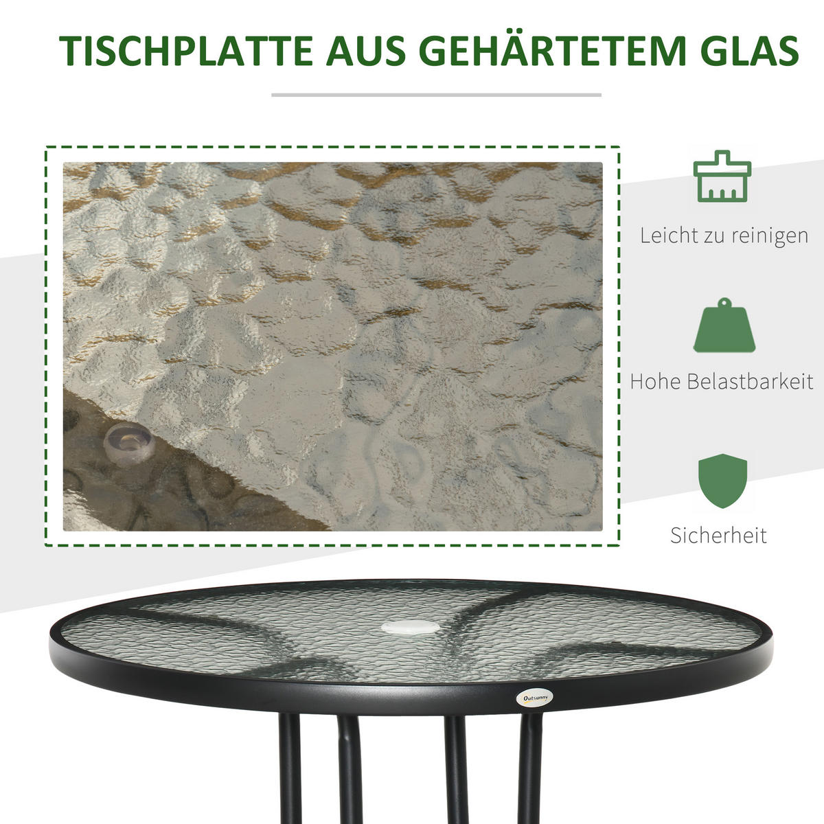 GARTENTISCH DE-07290 rund mit Schirmloch und Hartglas Schwarz - Schwarz, Glas/Metall (80/80/72cm) - ComfortXL