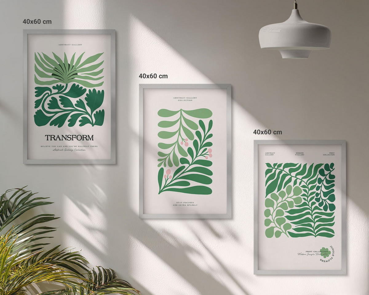 WANDBILDER 3er Set - 40x60 cm Silberner Rahmen - Formen grüner Blätter - Silberfarben, Kunststoff (40/60cm) - ArtPrintCave
