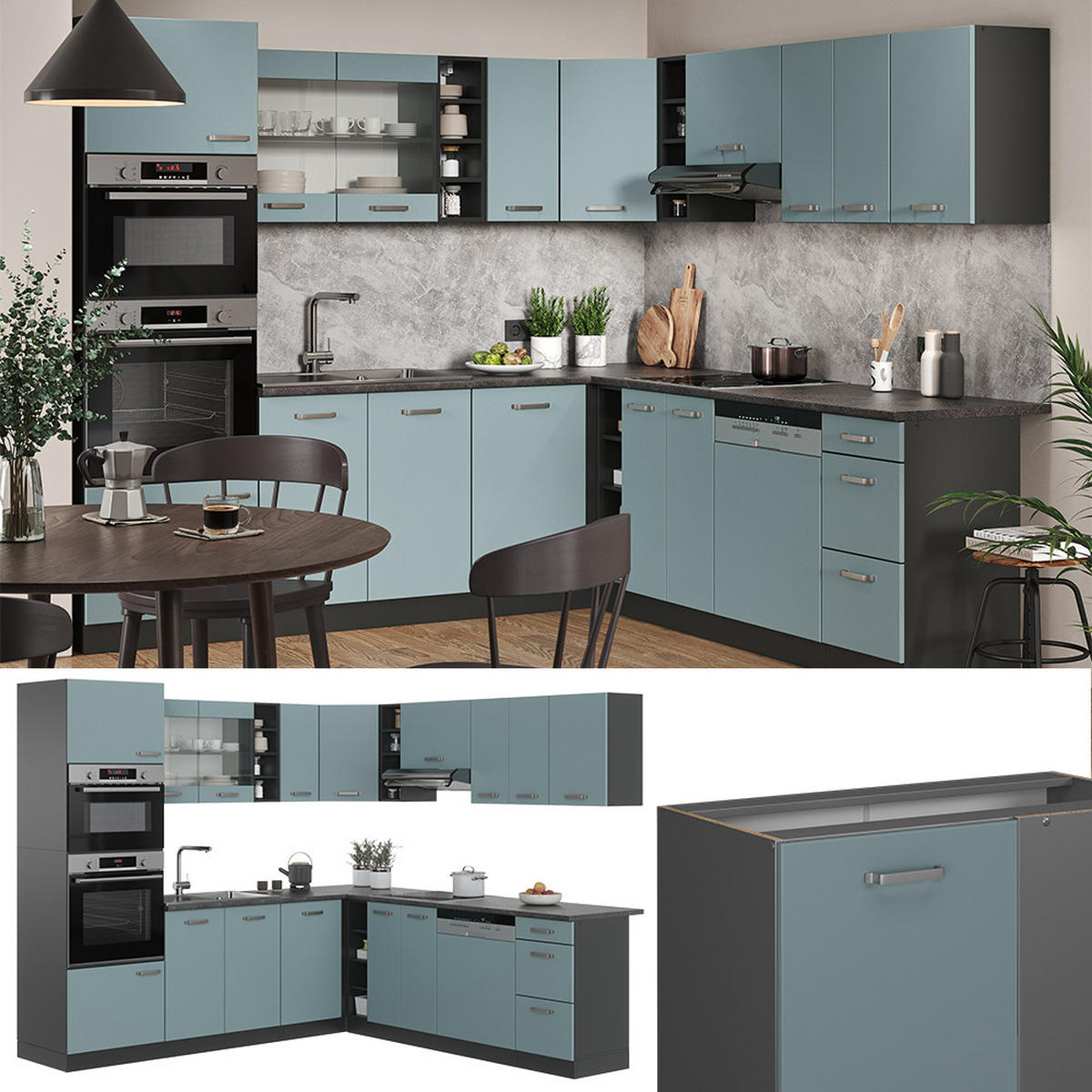 ECKKÜCHE R-Line Blau-Grau/Anthrazit 237 x 247 cm, AP Marmor - Anthrazit/Blaugrau, Holzwerkstoff (247/81.6/60cm) - Vicco