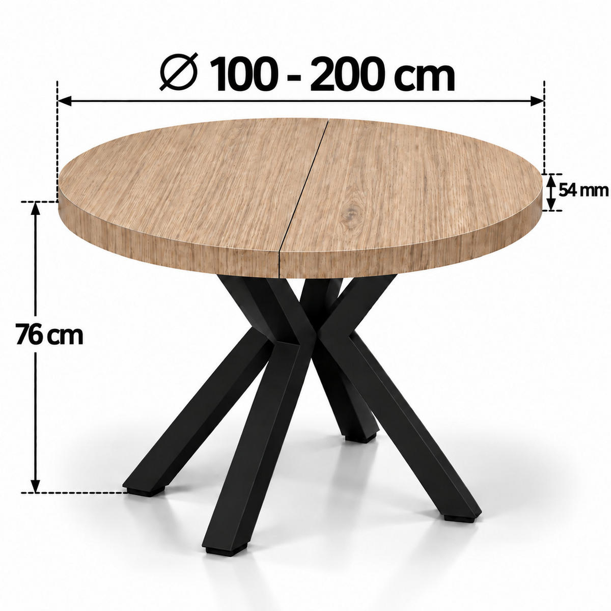 ESSTISCH rund ausziehbar 100/200/76 cm, Braun Hikora Egger, 54 cm Tischplatte + X Metallbeine Schwarz - Eichefarben/Schwarz, Holzwerkstoff/Metall (100/200/76cm) - Damale Möbel
