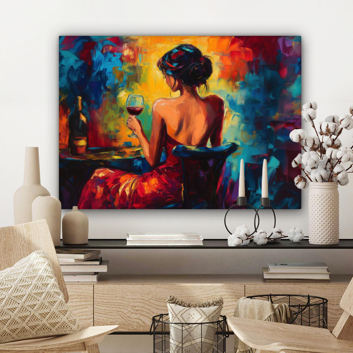 LEINWANDBILD Wein - Frau - Stimmungsvoll - Farbenfroh Wandbilder 80x60 cm - Bordeaux, Textil (80/60cm) - MuchoWow