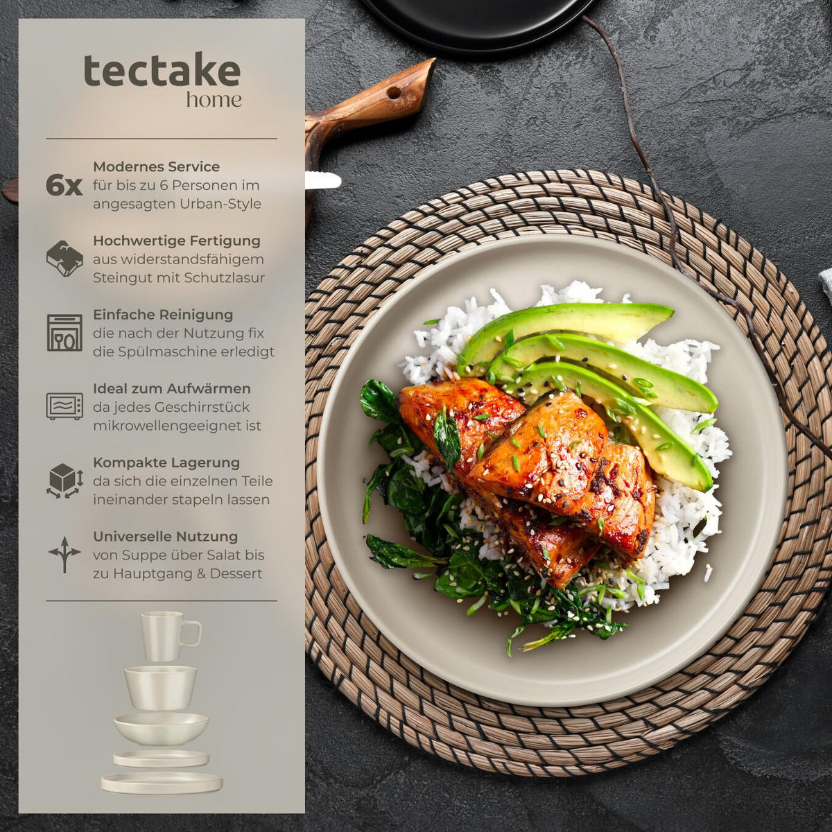 KOMBISERVICE Una, ineinander stapelbar, taupe - Taupe, Keramik (26/2.3/26cm) - tectake