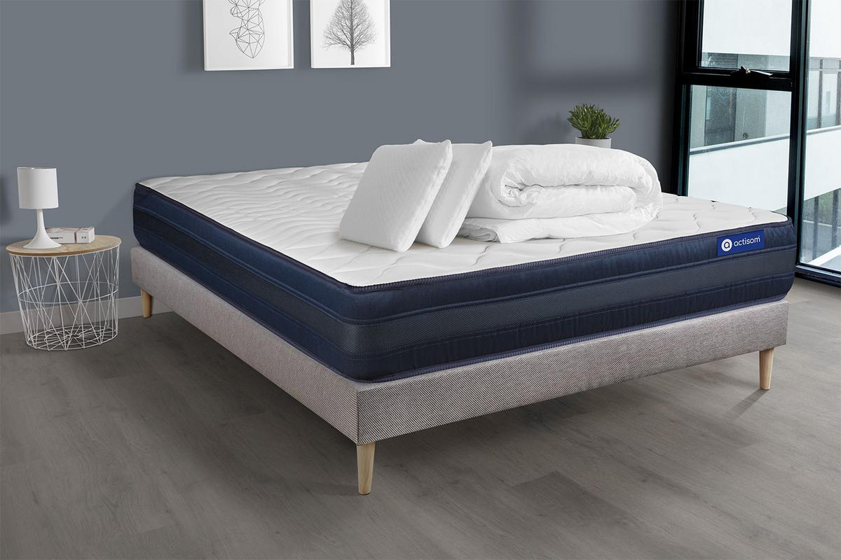BETT Actiflex tech Taschenfederkern und Memory-Schaum 180 x 200 cm h4 - Kit Bettgestell Grau - Mit Kissen und Bettdecke - Beige/Grau, Holz/Textil (180/200cm) - ACTISOM