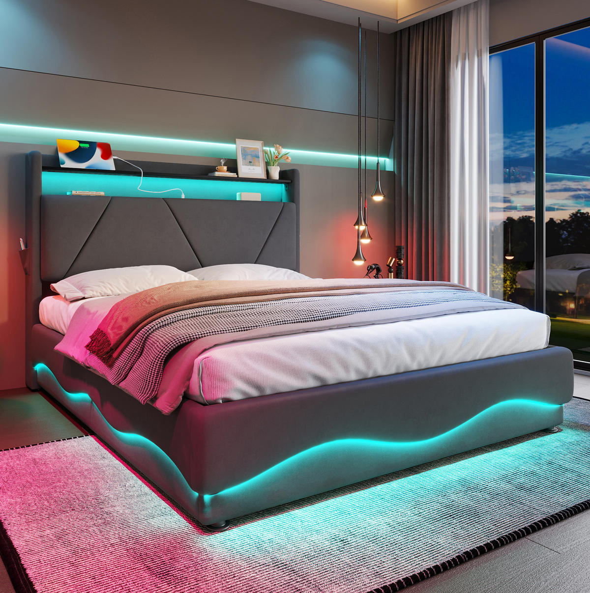 BETT mit Stauraum und LED 160x200 cm Samt Dunkelgrau - Dunkelgrau, Metall (160/200cm) - Meubliv