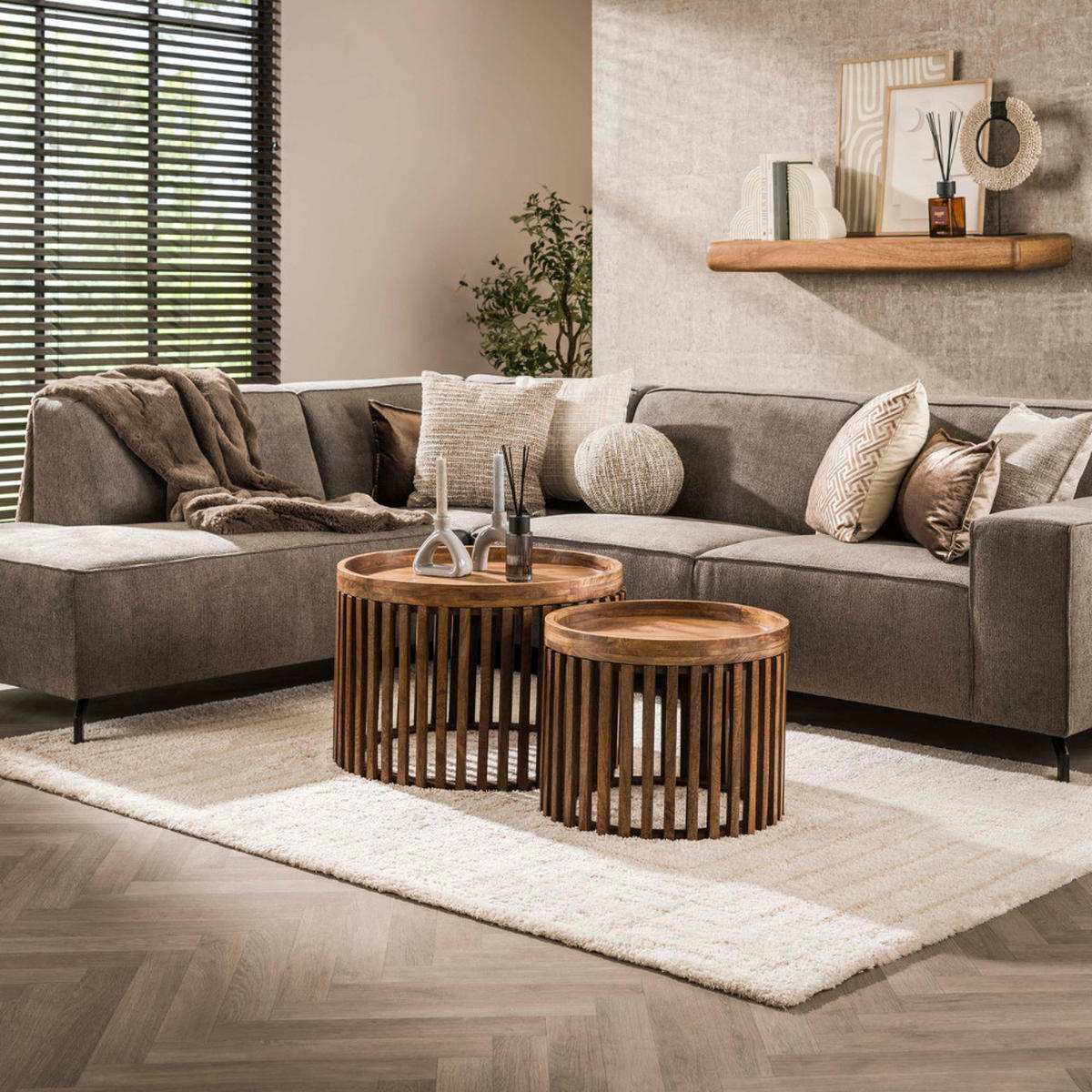COUCHTISCH-SET MATTEO CESTA Runde Stauraum-Tische mit Tablett-Funktion - Sandfarben, Holz (65/65/40cm) - alesvelt