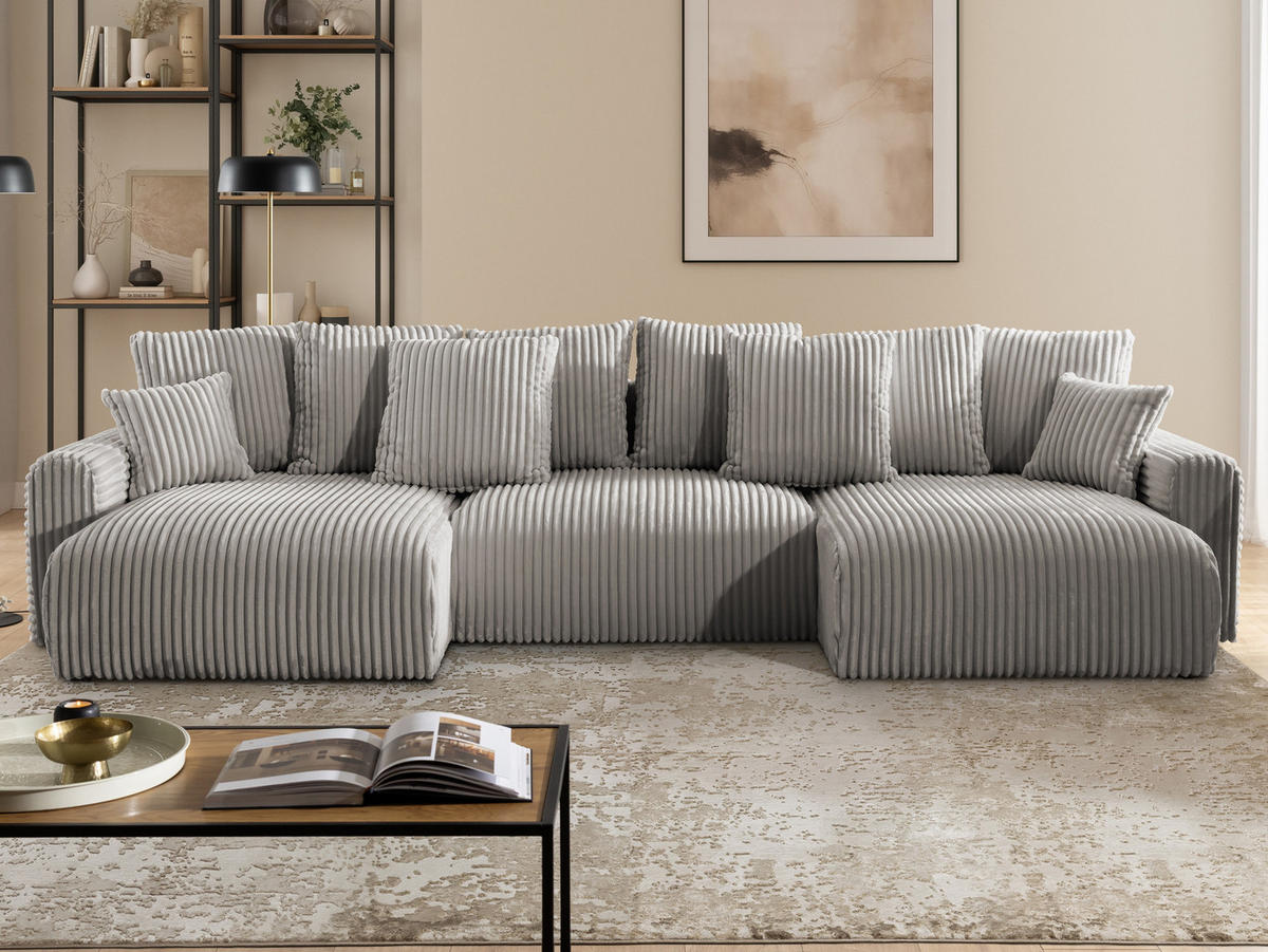 WOHNLANDSCHAFT Calma mit Schlaffunktion und Bettkasten im Bumpy-Design aus weichem Taupe Plüschcord - Taupe/Beige, Holz/Textil (336/88/140cm) - S-Style