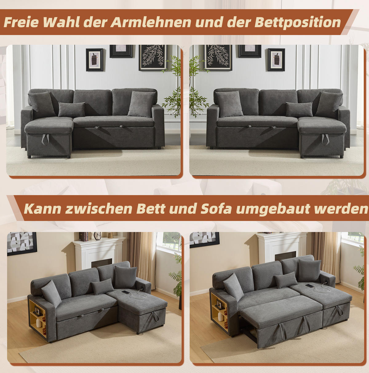 ECKECKSCHLAFSOFA Oxford-Stoff mit USB-Anschluss und Stauraum Dunkelgrau 214/131/87 cm - Dunkelgrau, Textil (87/131cm) - Redom