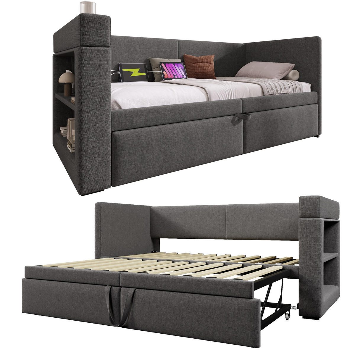 BETT 90/200 cm mit Ausziehbett, Armlehnen mit USB- & Type-C-Anschlüssen Getränkehalter Leinen-Mischgewebe Grau - Grau, Textil (90/200cm) - OKWISH