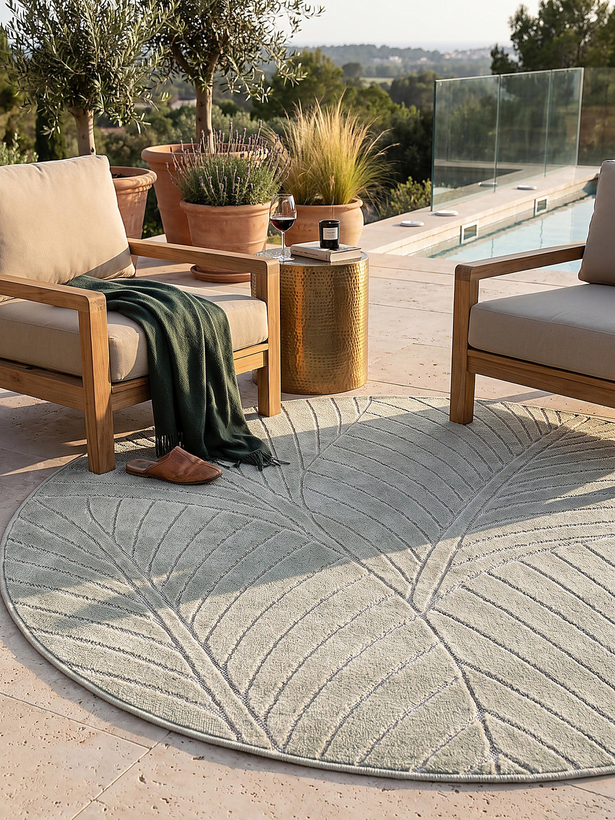 TEPPICH Outdoor, Fußbodenheizung-geeignet, mit Blattmotiv, ENGADIN in Salbeigrün, Ø 200 cm - Grün, Textil (200/200cm) - KADIMA DESIGN