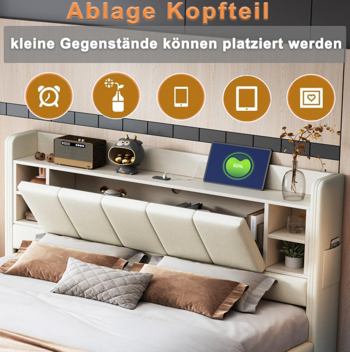 ČALÚNENÁ posteľ 160/200 cm s LED osvetlením, USB portom a úložným čelom, z ľanovej látky, Béžová - béžová, textil (160/200cm) - Redom