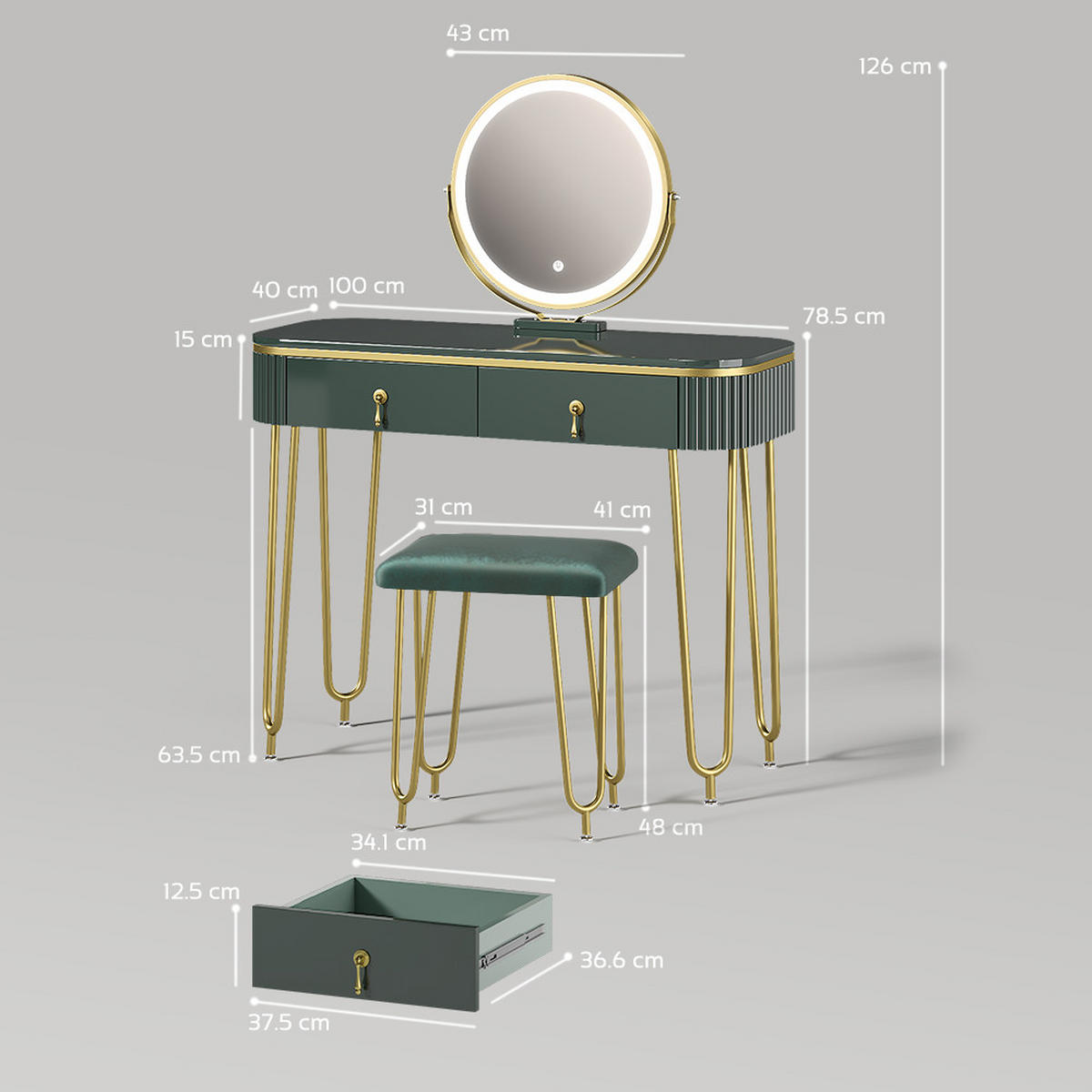 SCHMINKTISCH Isonca Dunkelgrün Hochglanz mit LED Beleuchtung und Hocker - Dunkelgrün, Holzwerkstoff (100/126/40cm) - Livinity®