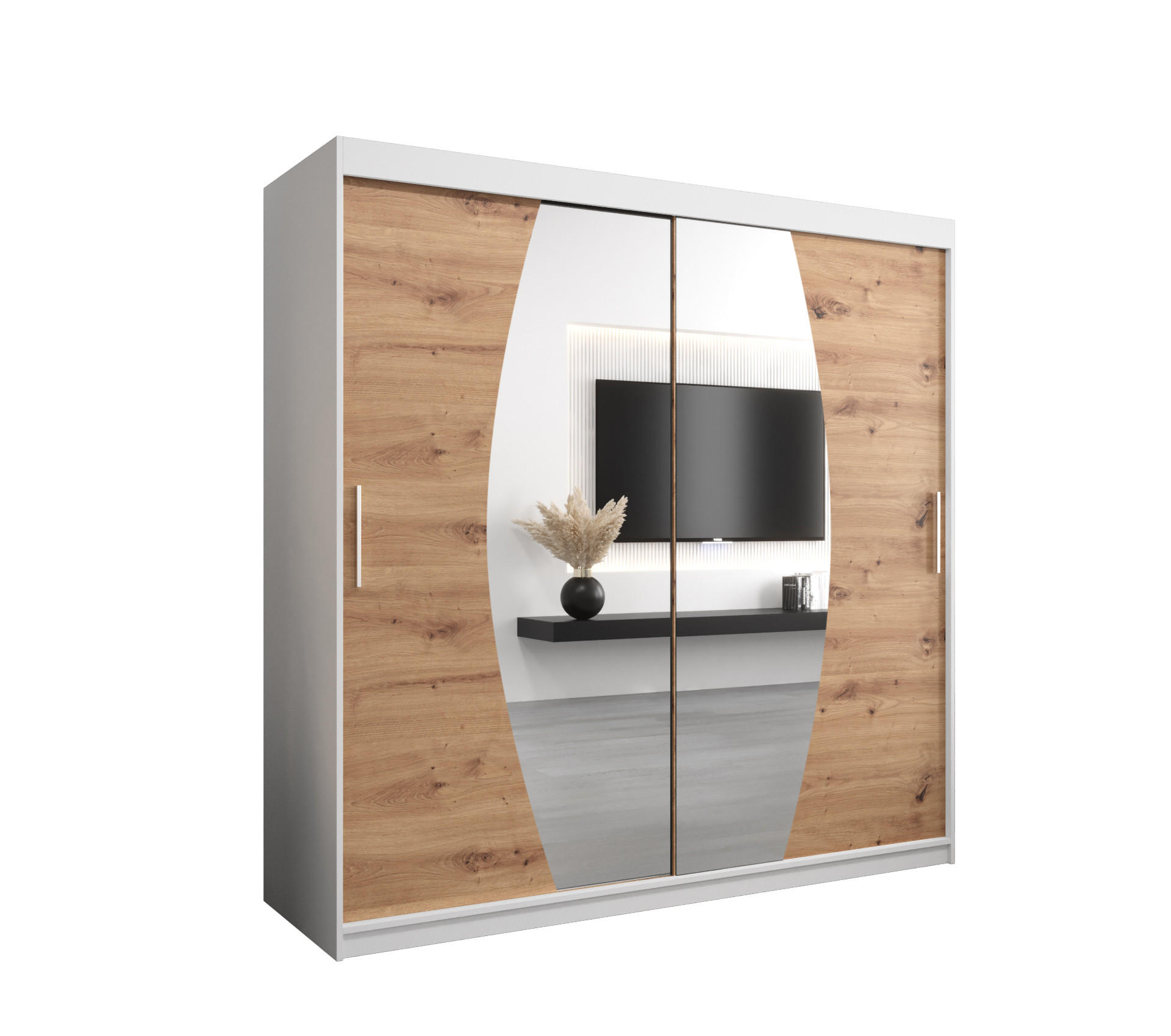 Abiks Möbel Schwebetürenschrank Weiß, Eiche Artisan 200x200x62 cm