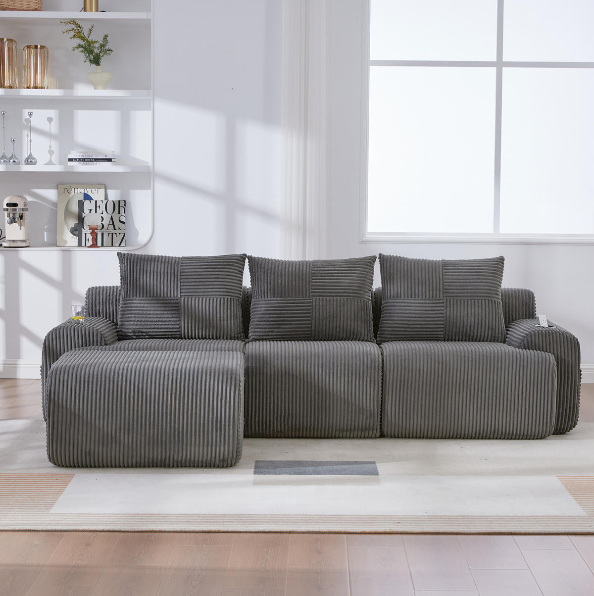 SOFA modular 268 x 174 x 80 cm Corduroy Dark Gray 3-Sitzer - Dunkelgrau, Kunststoff (174/268.1cm) - Meubliv