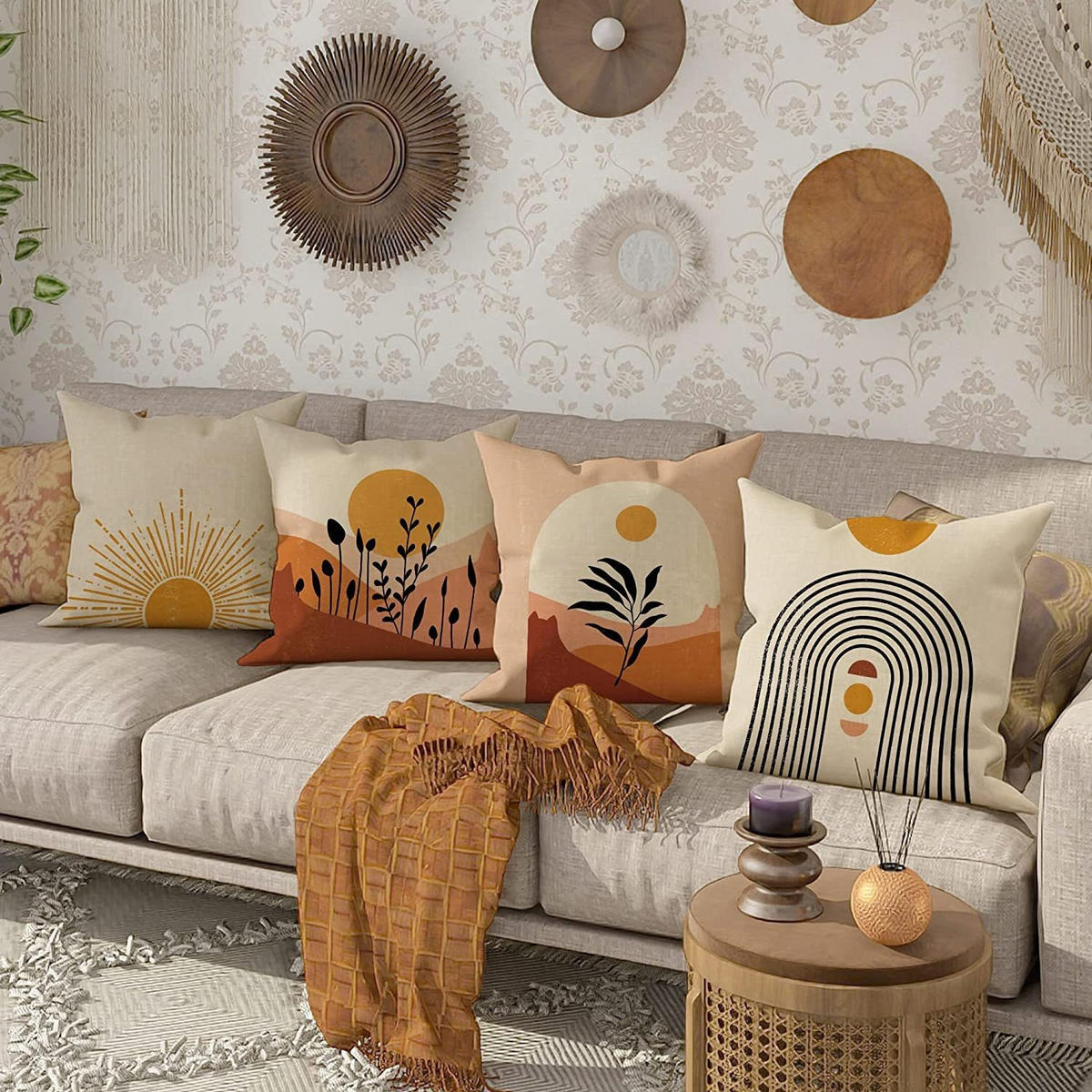 KISSENHÜLLE 4er Set, Abstrakt Sonne Natur, Boho, Leinen, 45x45cm - Beige, Textil (45/45cm) - Weltevree