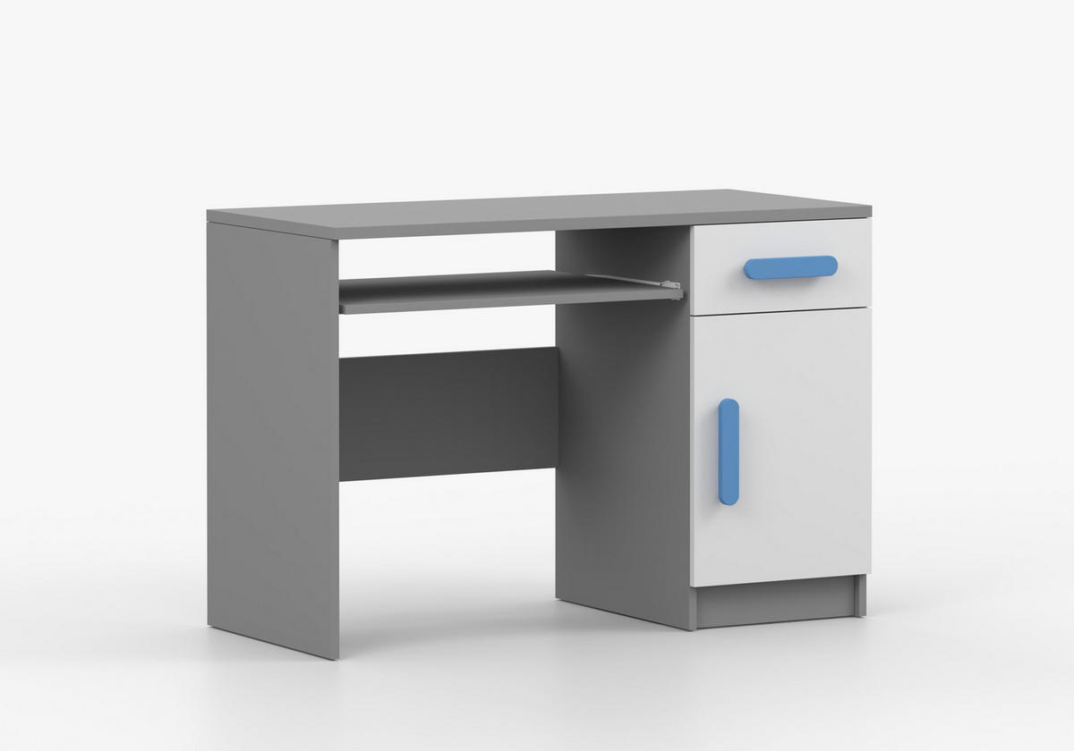 JUGENDZIMMER Elora in Grau und Weiß – 4-teiliges Set mit Schreibtisch, Kommode, Wandregal und Schrank – Grifffarbe Blau - Grau, Holzwerkstoff (80/200/120cm)