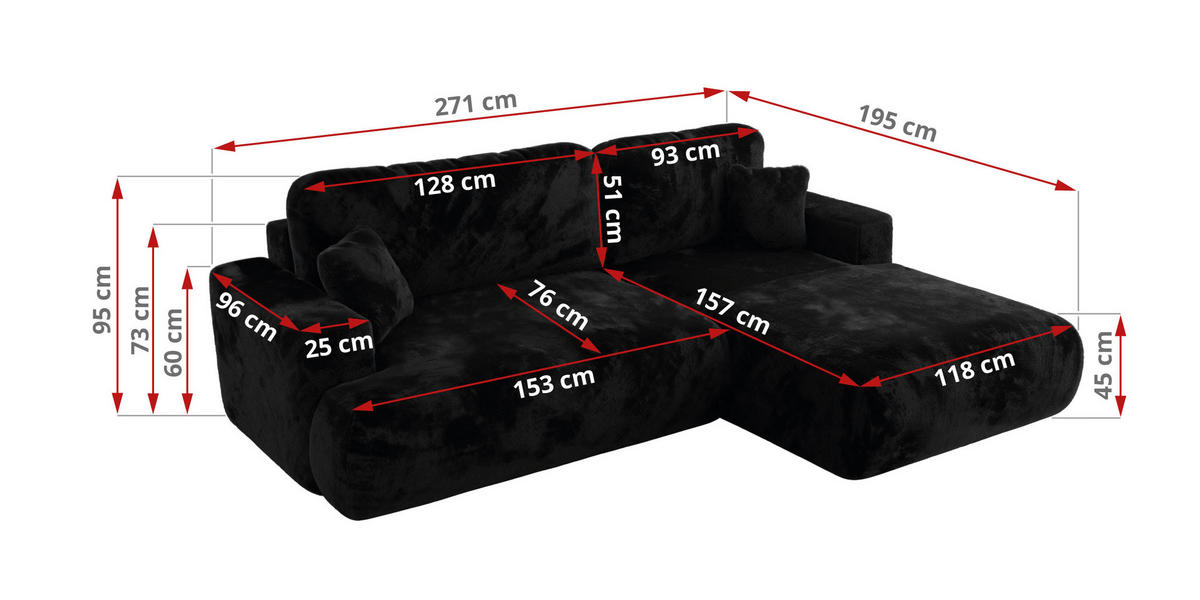 ECKSOFA OVO L Schwarz Plüsch - Links Seite - Schwarz, Kunststoff/Textil (271/195cm) - MKS