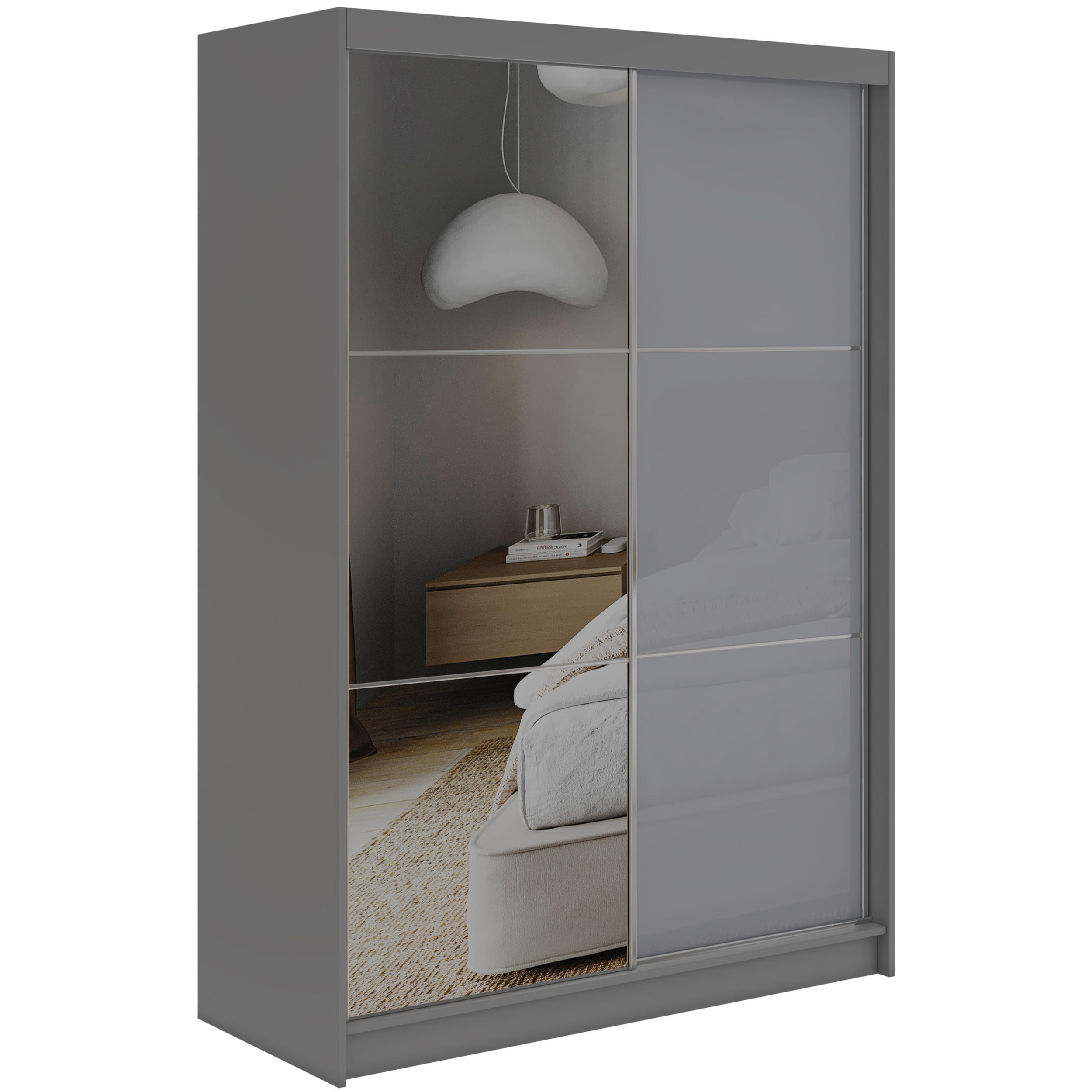 SCHWEBETÜRENSCHRANK mit Spiegel - WALENCJA - 150 - Grau lacobel - Alufarben/Grau, Holzwerkstoff/Metall (150/216/61cm) - MKS