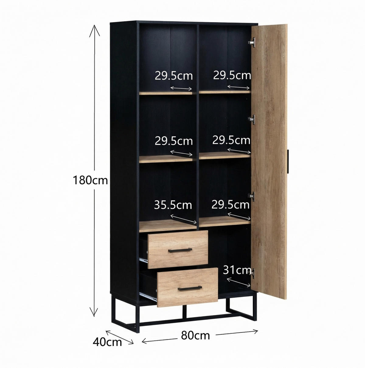 HIGHBOARD mit 1 Tür, 2 Schubladen 80x40x180 cm MDF Schwarz/Holzoptik - Schwarz, Holzwerkstoff (40/180/80cm) - Beauniv