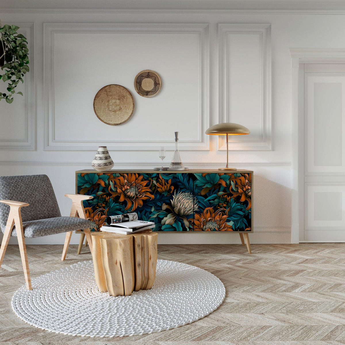 SIDEBOARD MORNING BLOOM, Eicheneffekt, 164,5x42x77,5 cm, 3 Türen - Eichefarben/Buchefarben, Holzwerkstoff/Buchenholz (164.5/77.5/42cm) - SpaceRebels