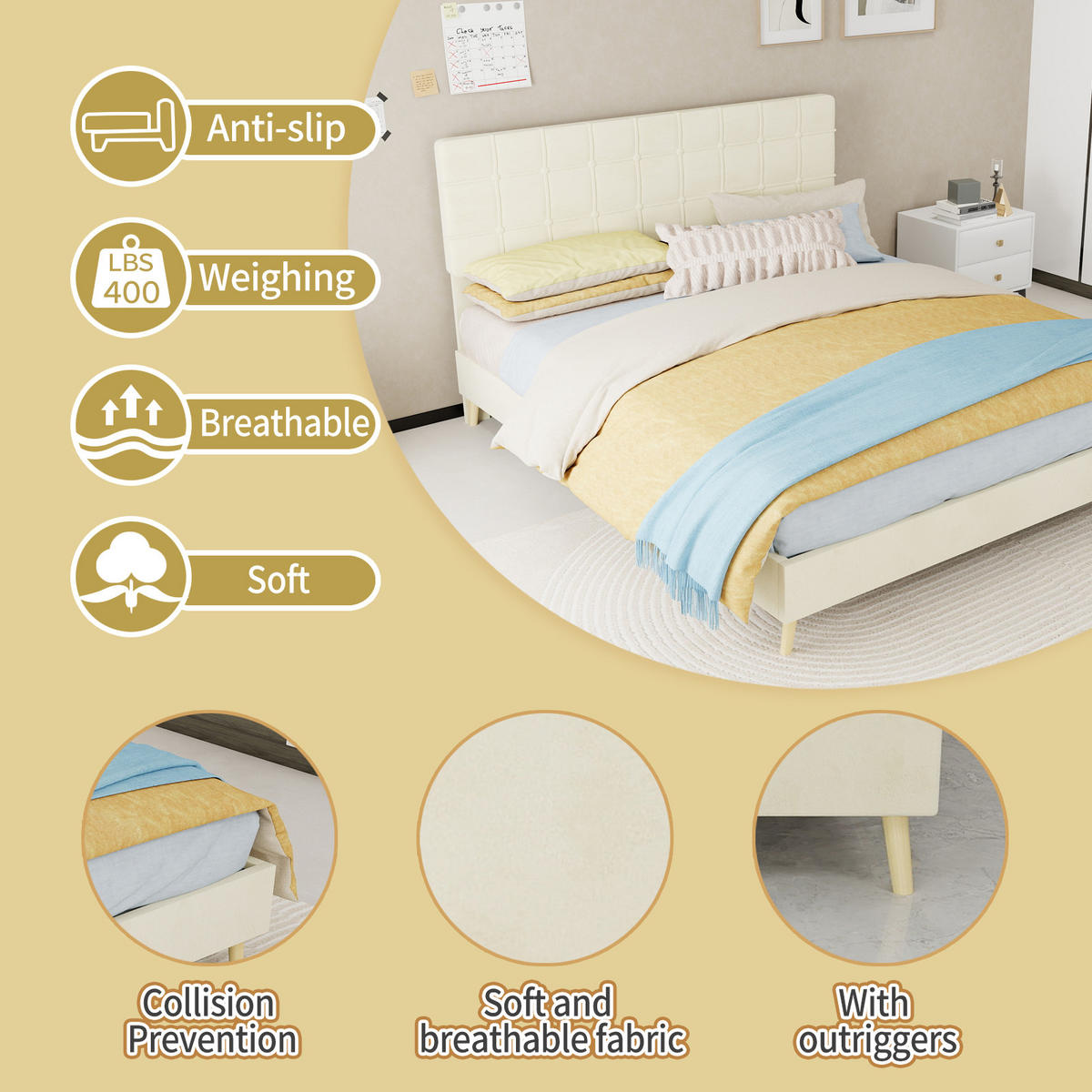 POLSTERBETT 160/200 cm DE-32943 mit Karosteppung-Kopfteil Beige - Beige, Metall (160/200cm) - ComfortXL