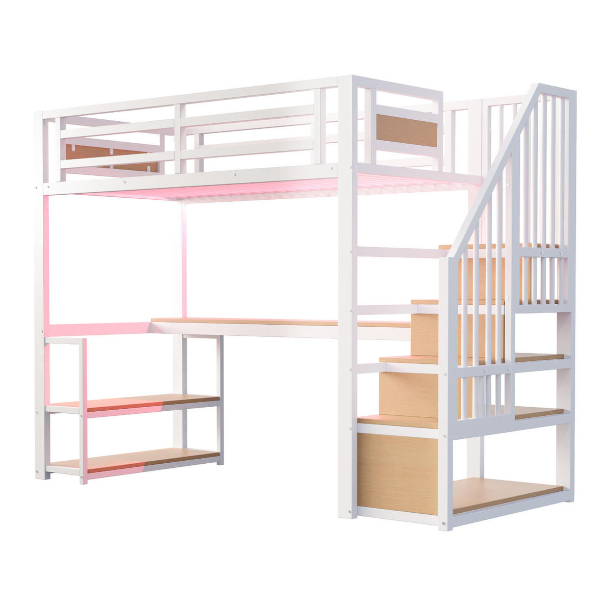 VISOKA postelja 90/200 cm bela z mizo, policami in stopnicami za shranjevanje iz kovine in MDF - bela, leseni material (90/200cm) - OKWISH