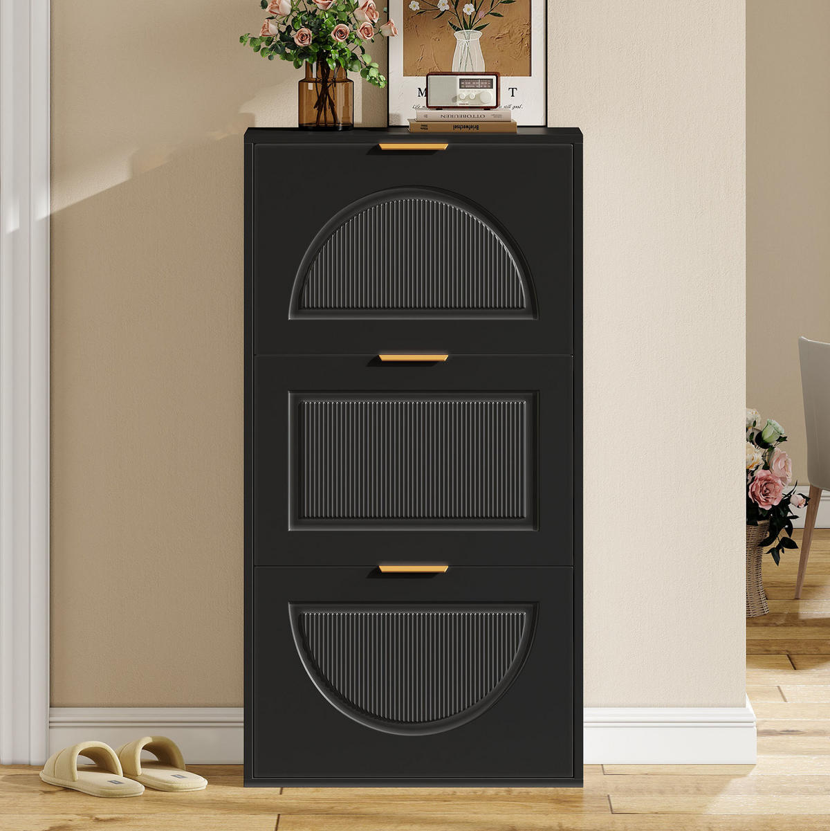 SCHUHSCHRANK 60/24/114 cm mit 3 Klappen und Kippsicherung, platzsparend aus MDF und Spanplatte, Schwarz - Schwarz, Holzwerkstoff (60/114/24cm) - Redom