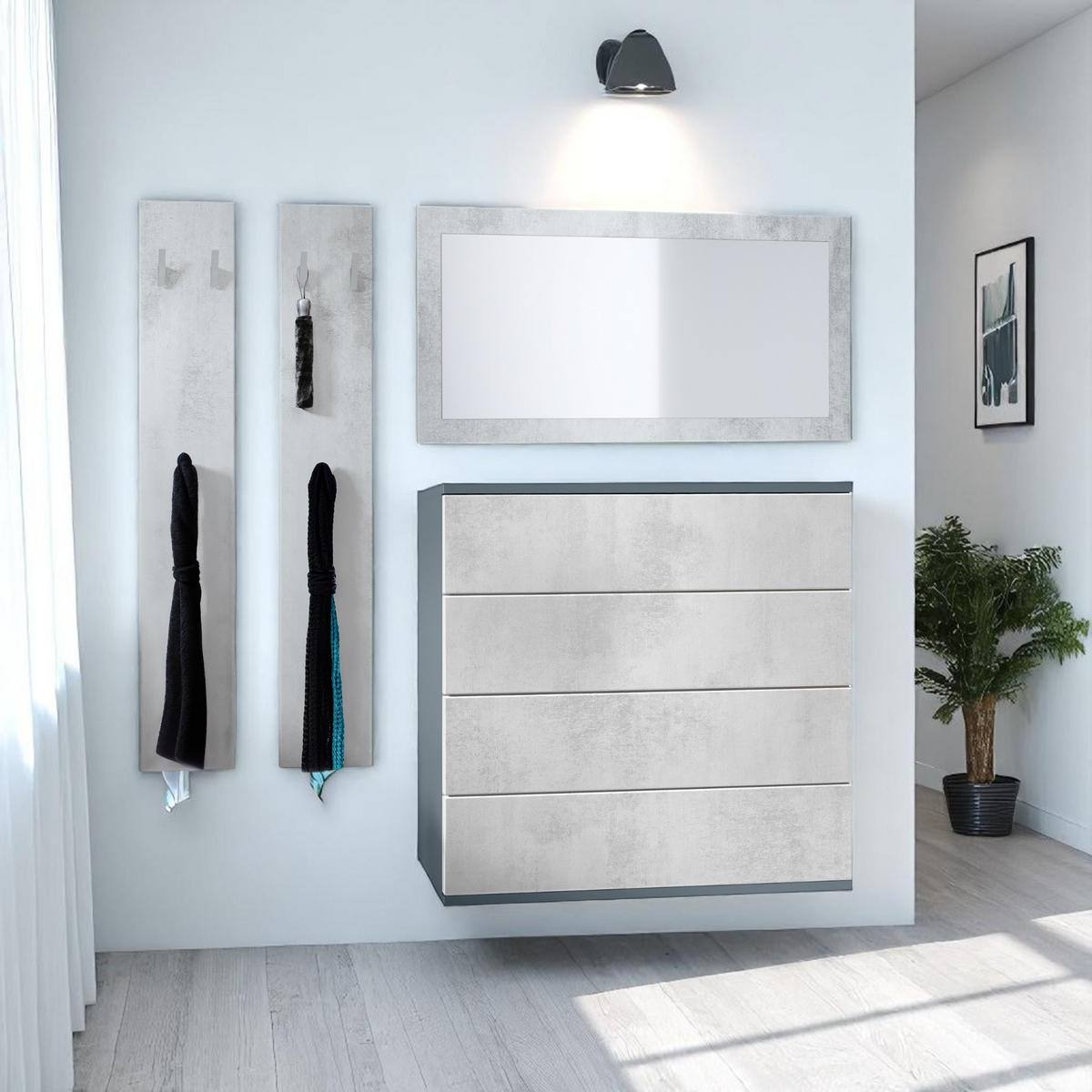 GARDEROBE Horizon Beton Oxid Optik - Hellgrau, Holzwerkstoff (142/146/35cm) - Vladon