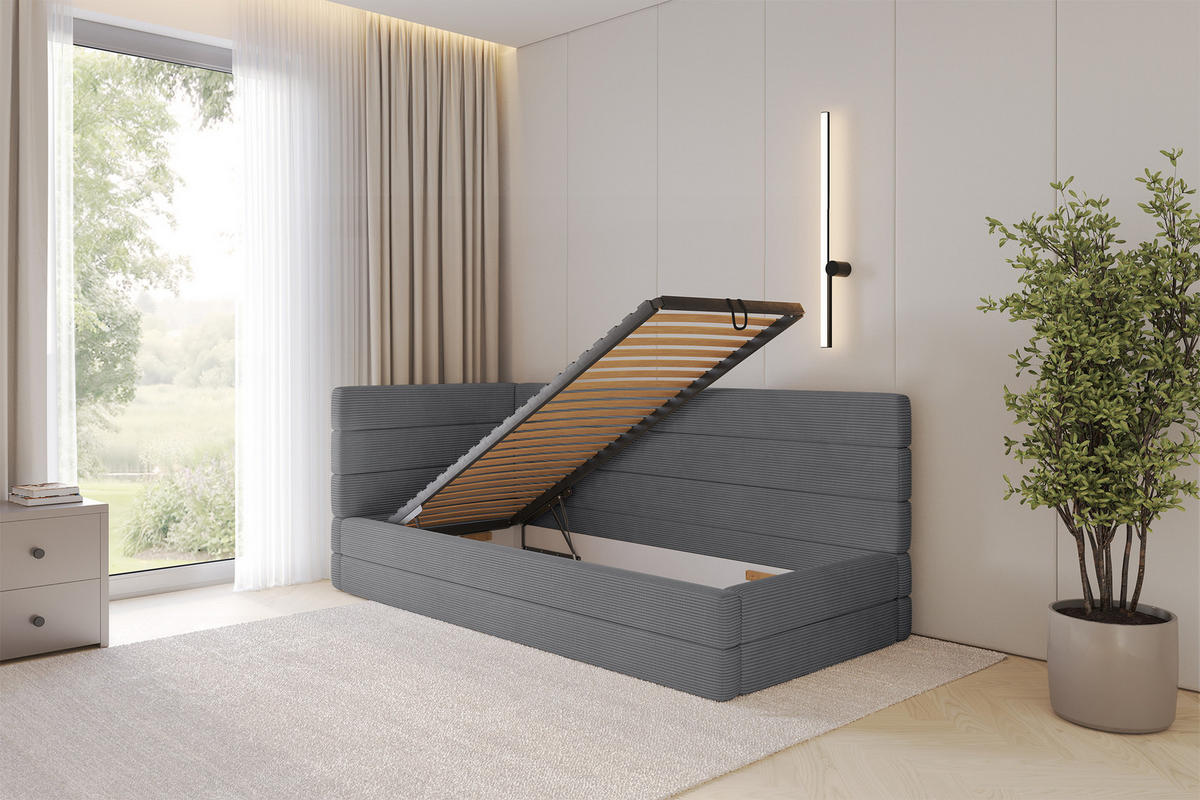 EINZELLBETT Jugendbett mit Bettkasten, Rechts - BEMY 90x200 Dunkelgrau - Schieferfarben, Holzwerkstoff/Textil (90/200cm) - ALTDECOR