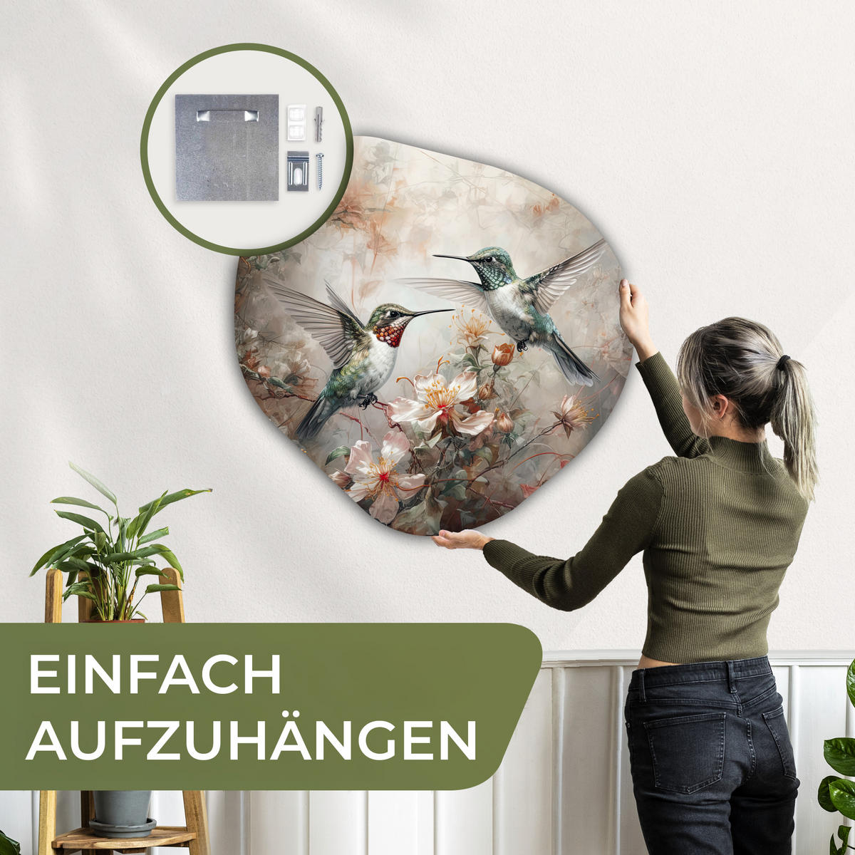 WANDBILD Kolibri - Vögel - Blumen - Pflanzen 90x90 cm - Hellgrün, Kunststoff (90/90cm) - MuchoWow