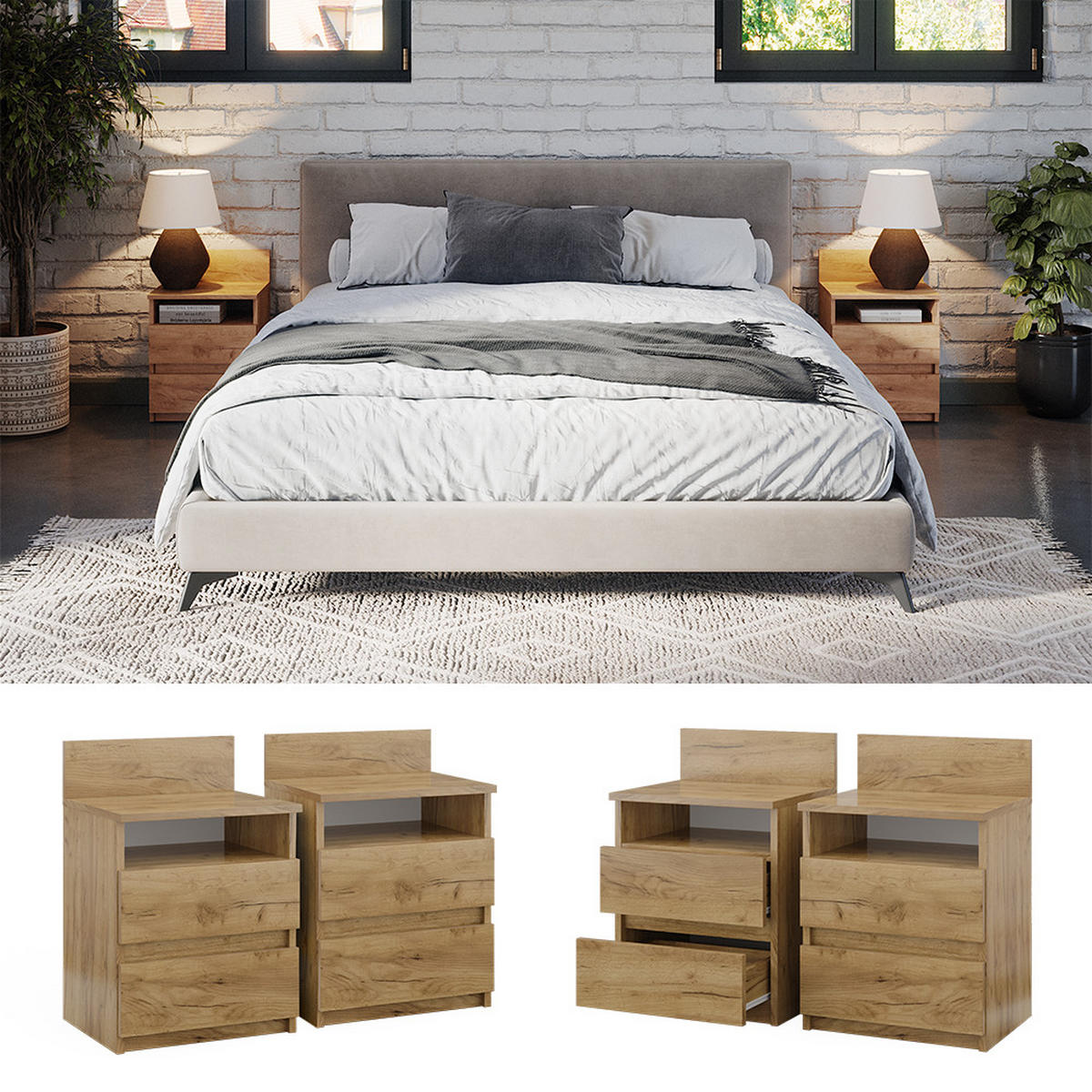 NACHTTISCH Monty Goldkraft Eiche 39.6 x 59.1 cm 2er Set - Eiche Wotan, Holzwerkstoff (32.3/59.1/39.6cm) - Vicco