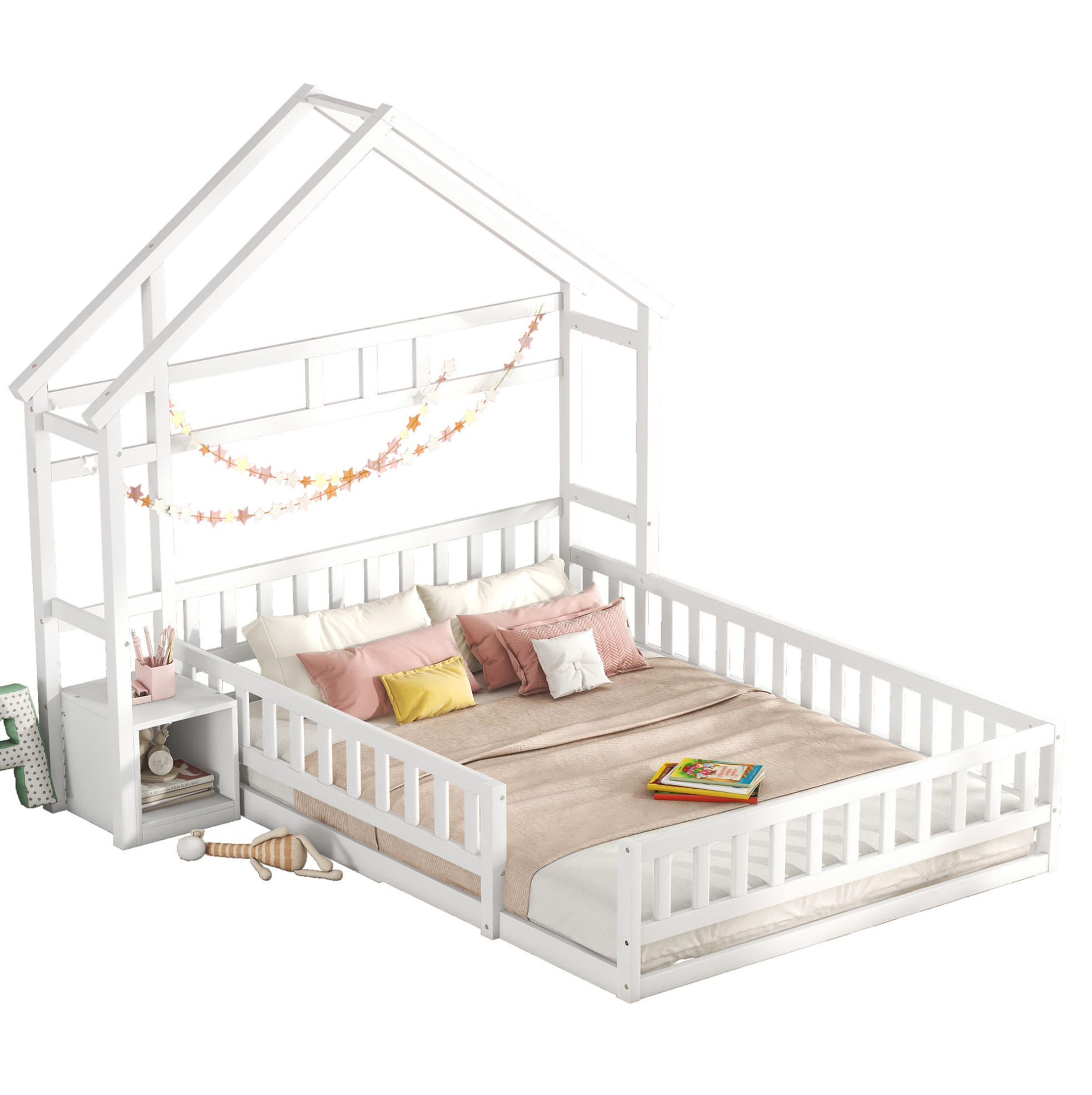 HAUSBETT 140/200 cm Weiß mit Nachttisch und Geländer - Weiß, Holz (140/200cm) - OKWISH