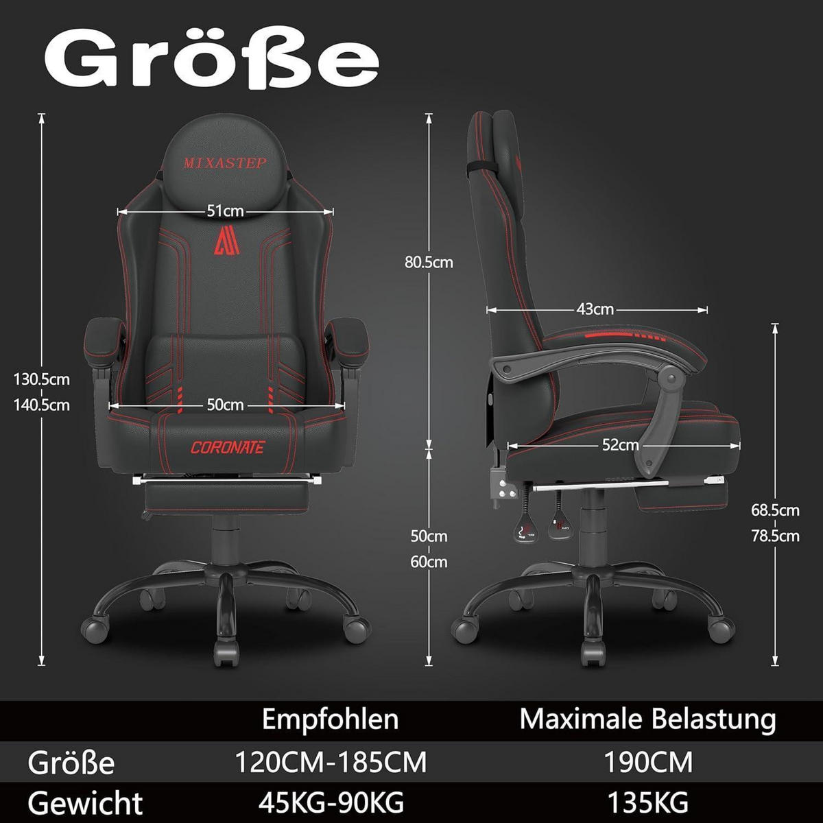 GAMING Stuhl Ergonomisch Rot mit Verstellbarer Rückenlehne & 360° Drehfunktion - Schwarz, Kunststoff (50/128/52cm)