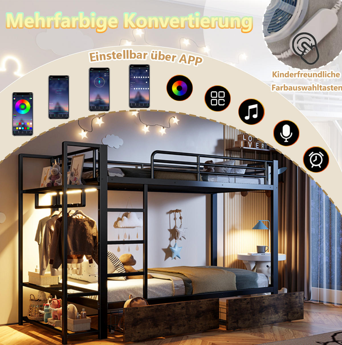 ETAGENBETT 90/200 cm aus Metall mit LED-Beleuchtung, Schubladen und Ablagen - Schwarz, Metall (90/200cm) - Flora Grace