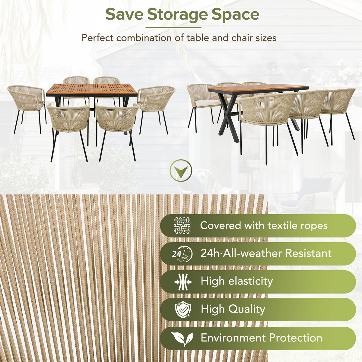 GARTENSET 7-TEILIG 6 Sessel 1 Tisch Seil & Akazienholz Kissen waschbar - Beige, Metall - FLIEKS