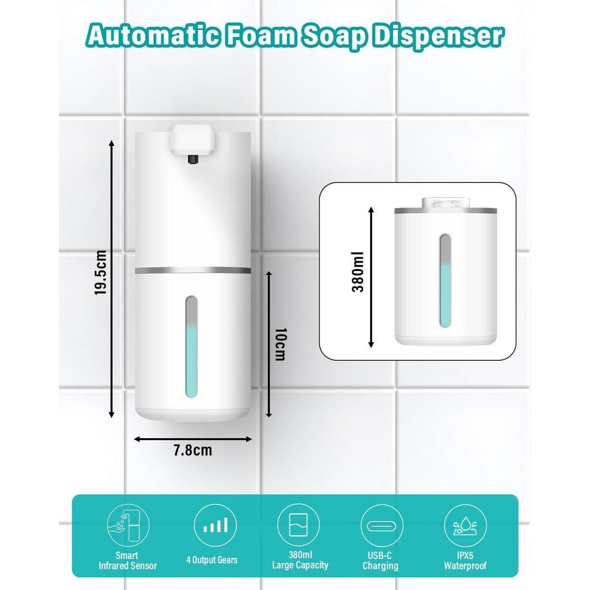 SEIFENSPENDER Automatisch Wandmontage Weiß 380mL USB-C - Weiß, Kunststoff (10.5/8/20.5cm)