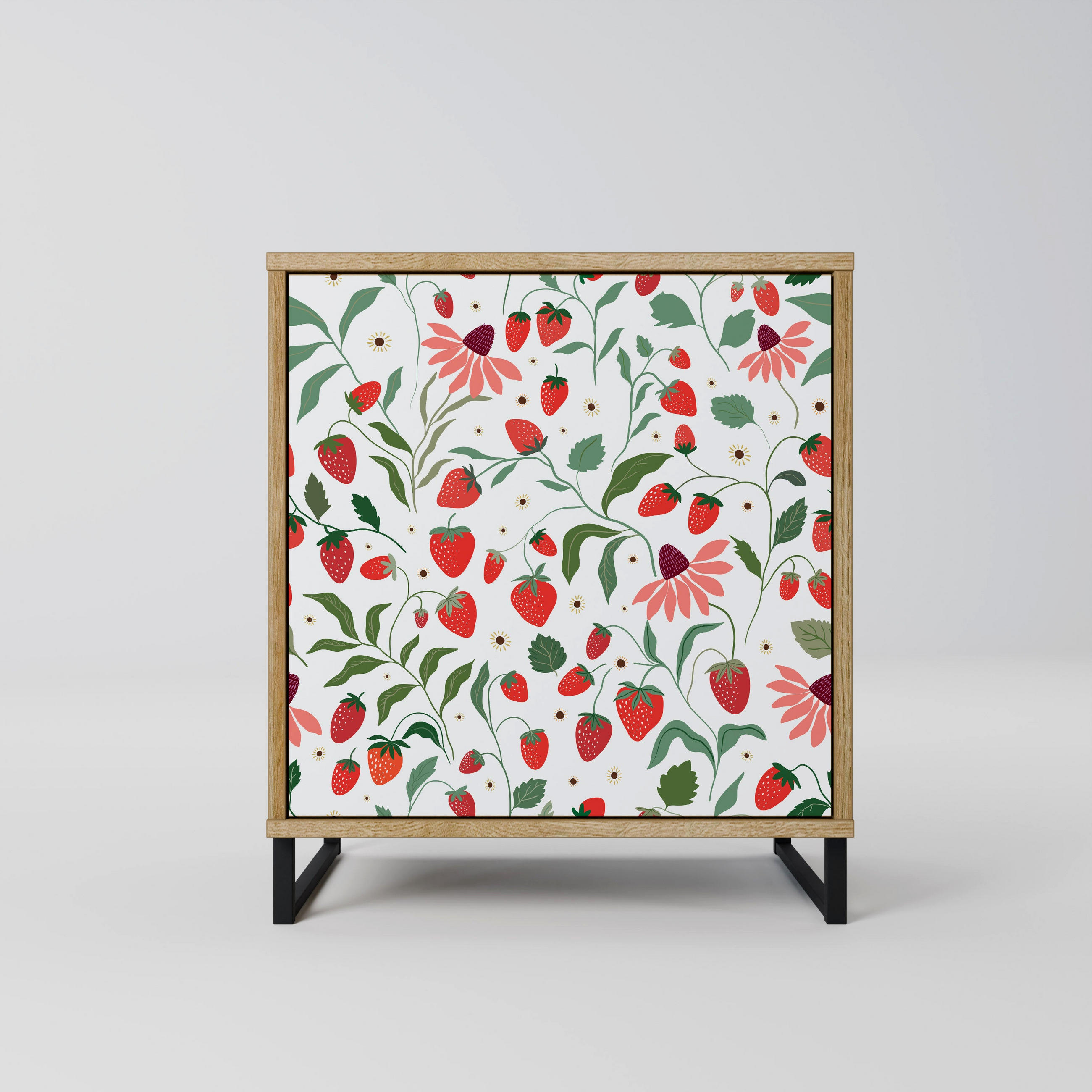 SIDEBOARD FLOWERS AND STRAWBERRIES, Eichefarben, 57,5x42x67,5 cm, Schwarze Metall-Rahmenfüße - Eichefarben/Multicolor, Holzwerkstoff/Metall (57.5/67.5/42cm) - SpaceRebels