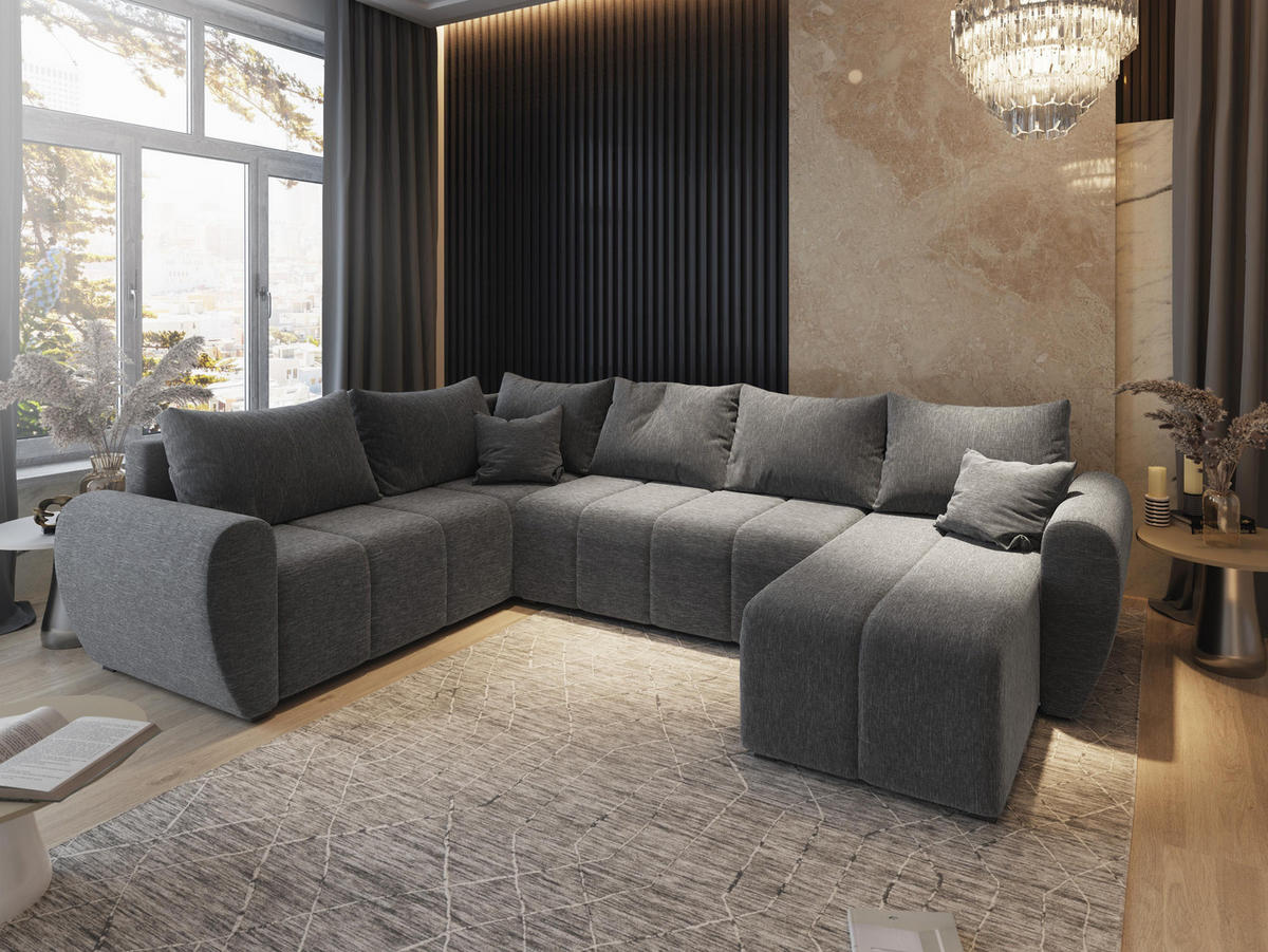 WOHNLANDSCHAFT MADISON XL L-S Hellgrau Dünner Stoff mit Schlaffunktion - Hellgrau, Holz (303/82/208cm) - MASSENO
