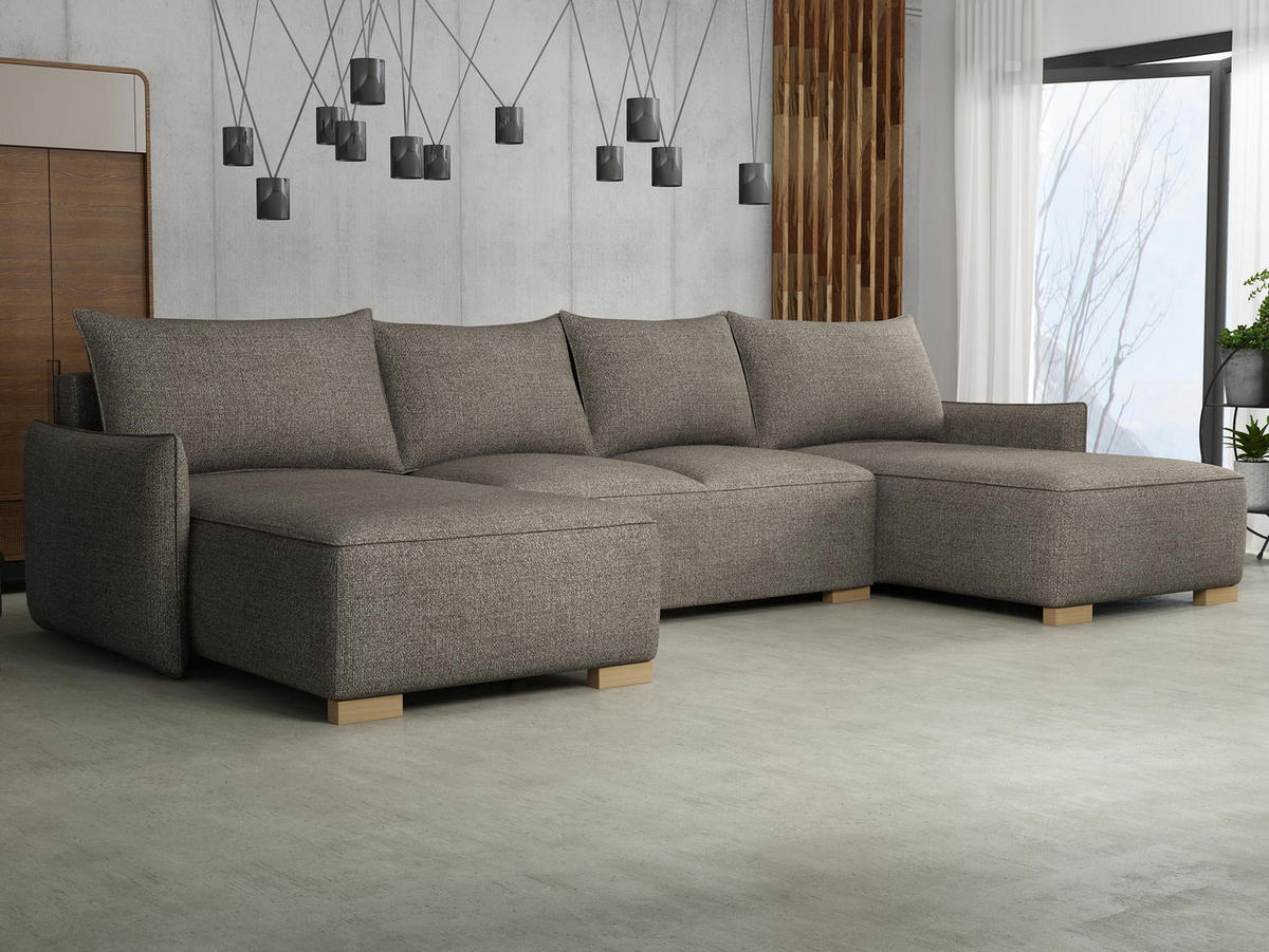 WOHNLANDSCHAFT Focus U - Hellbraun/Naturfarben, Holz/Textil (328/87/155cm) - MIRJAN24