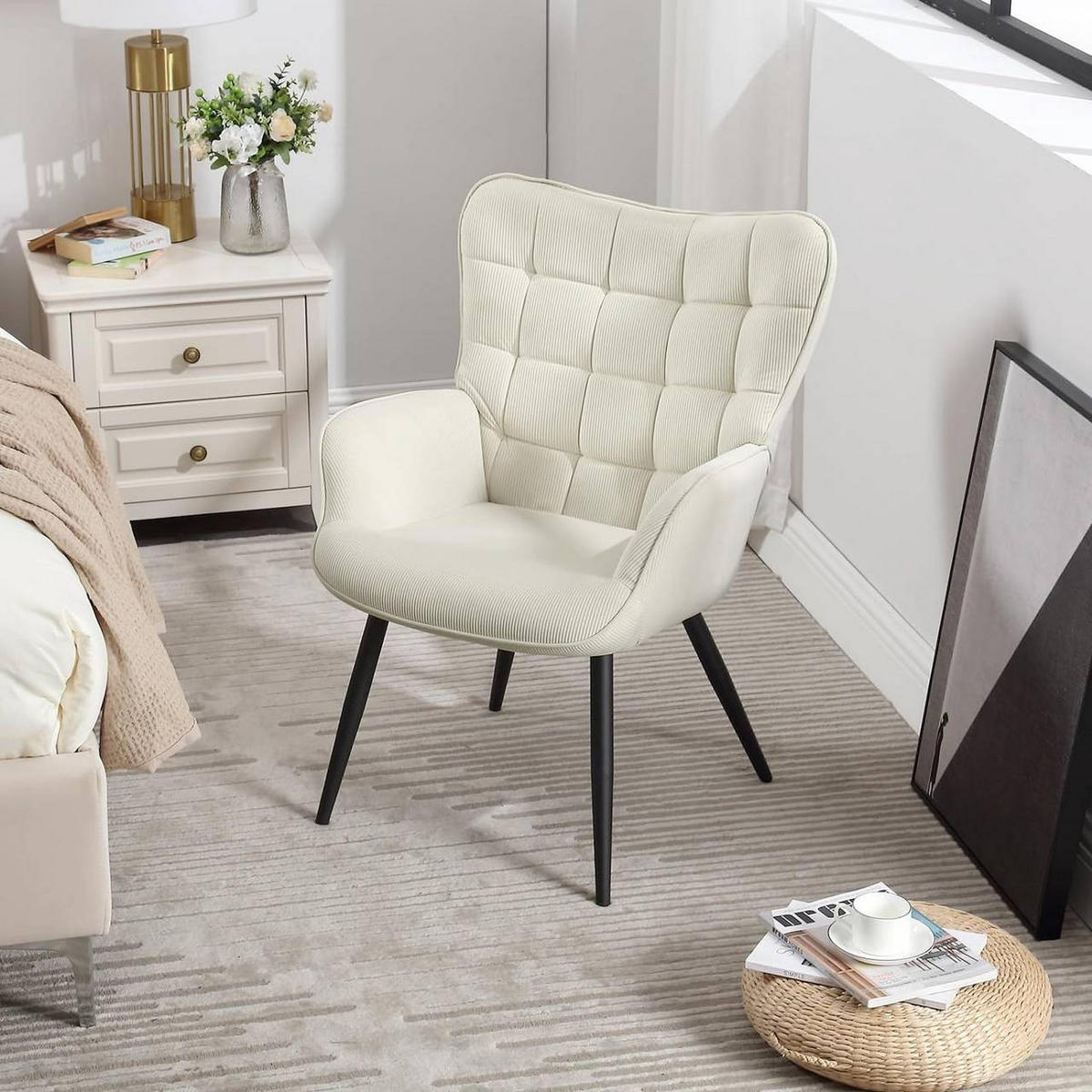 RELAXSESSEL mit Cordbezug , Metallbeine, Cremeweiß - Creme/Schwarz, Textil/Metall (63.5/87/68cm) - Woltu