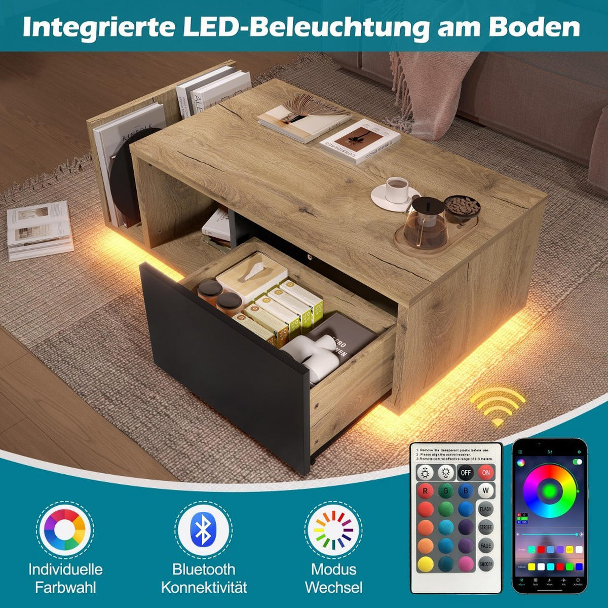 COUCHTISCH mit Intelligenter LED-Sensorik, Metall- und Holzstruktur, Naturfarbe - Naturfarben, Holz (99.5/53/38cm) - KOMHTOM