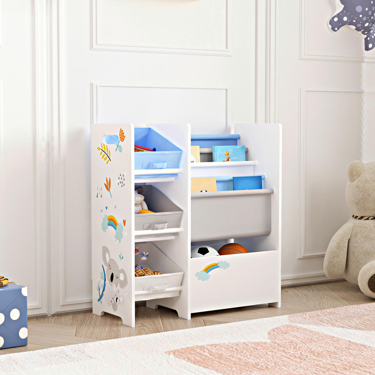 KINDERREGAL Vimianzo - Blau/Weiß, Holzwerkstoff/Textil (65/60/30cm) - [en.casa]
