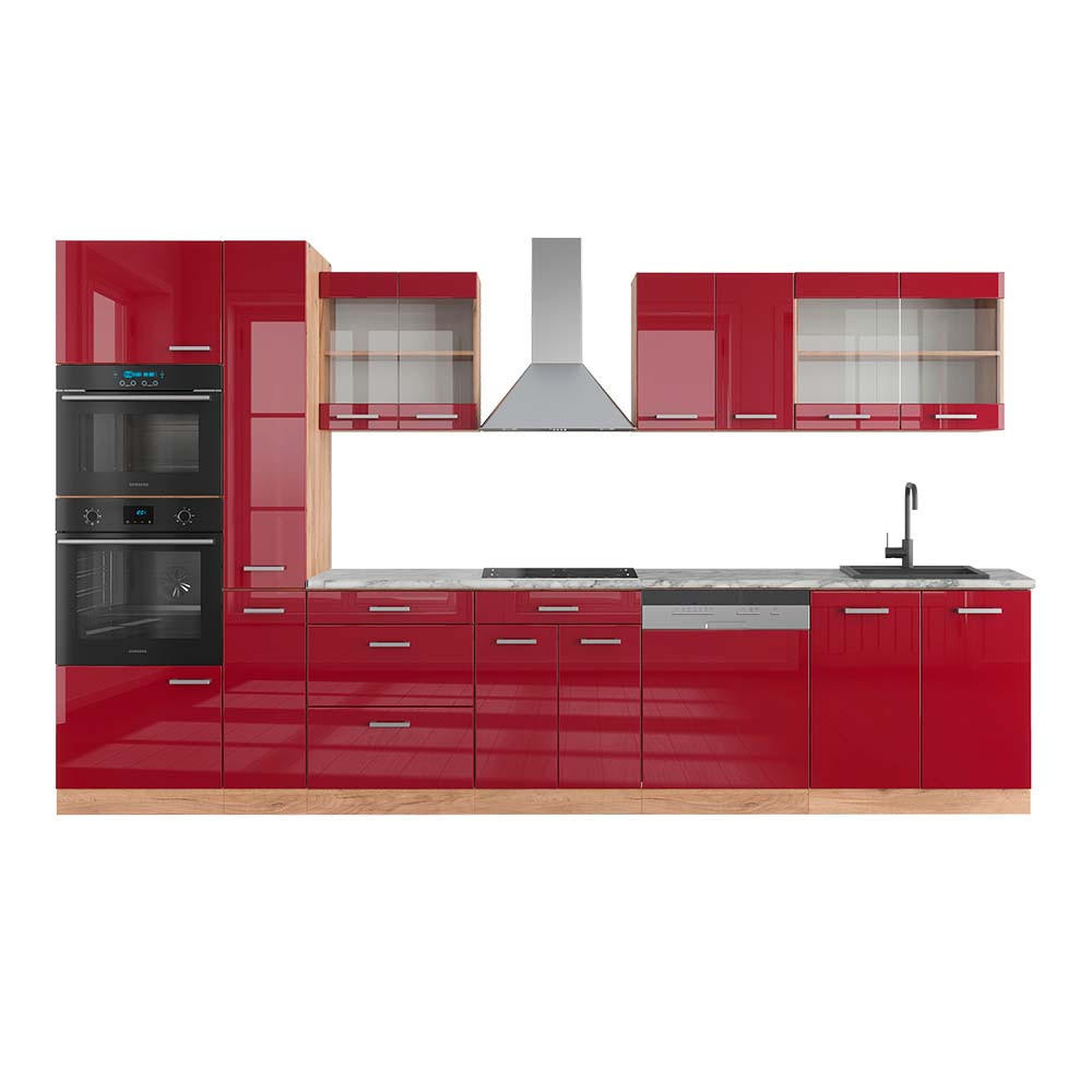KÜCHENZEILE R-Line Rot Hochglanz/Goldkraft Eiche 350 cm mit Hochschrank, AP Marmor - Honigeiche/Rot, Holzwerkstoff (350/81.6/60cm) - Vicco